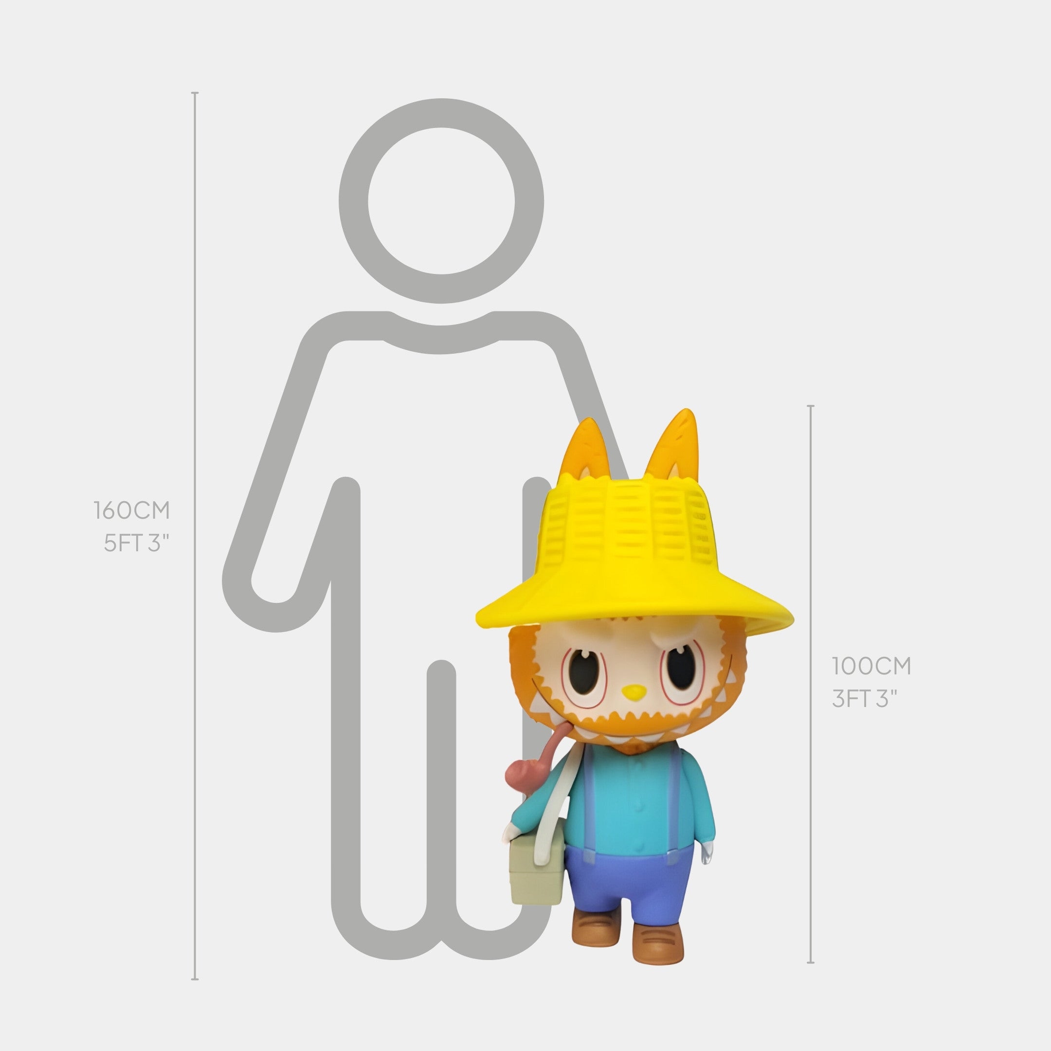 The Art History Van Gogh Labubu Sculpture by Giant Sculptures is a 100cm-tall cartoon fox in a yellow hat and blue shirt, shown beside a 160cm outline for scale, its stance inspired by post-impressionist art.