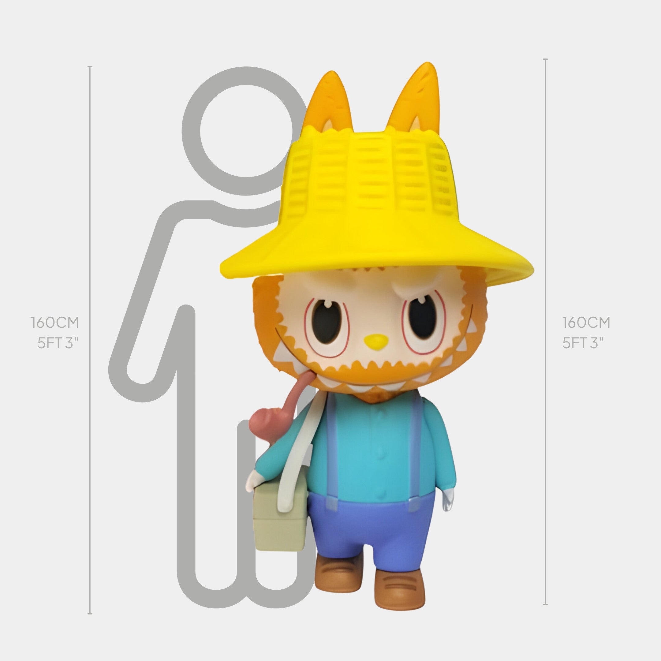 The Giant Sculptures Art History Van Gogh Labubu Sculpture stands 160cm tall, featuring a cute cartoon animal in a yellow hat, blue shirt, and blue pants next to a height chart for human comparison.