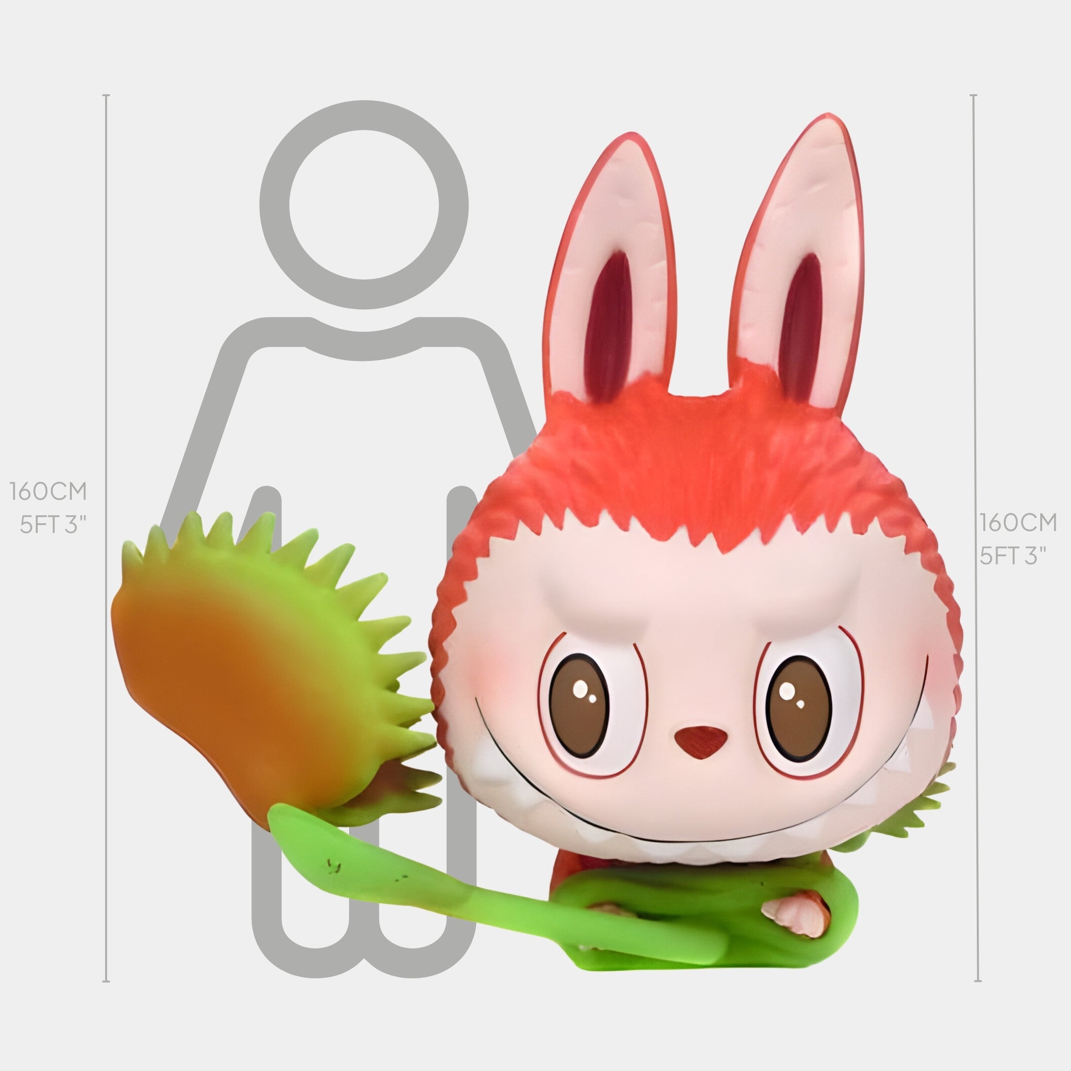 The Giant Sculptures Flower Elves Venus Flytrap Labubu Sculpture stands 160cm tall, showing Labubu with big bunny ears and eyes holding a green Venus flytrap in front of a scale chart featuring the 160cm Flower Elves outline.