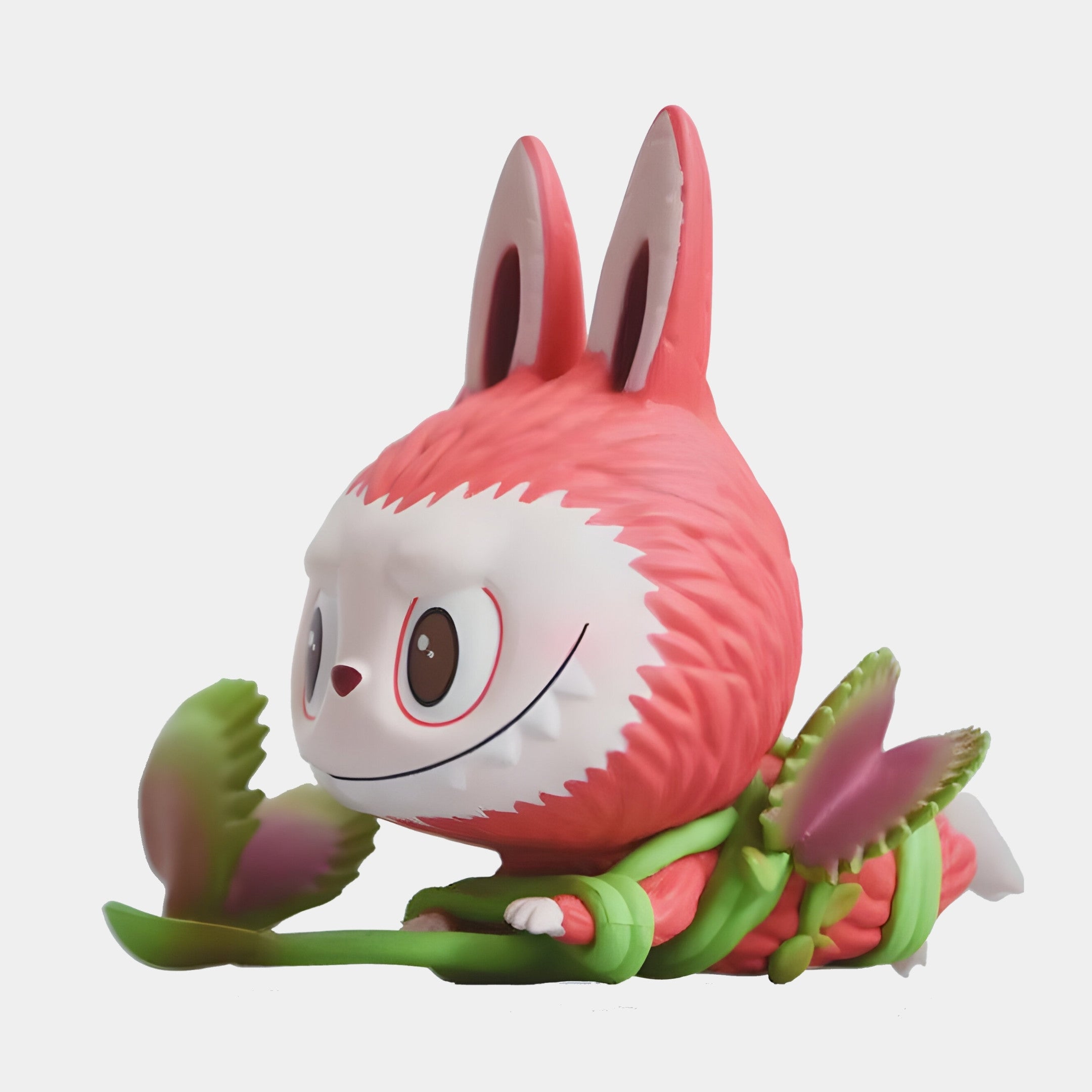 A cute, pink rabbit-like creature with big eyes is tangled in green Venus Flytrap vines with pink leaves, resembling the 160cm Flower Elves Venus Flytrap Labubu Sculpture by Giant Sculptures, set against a plain white background.