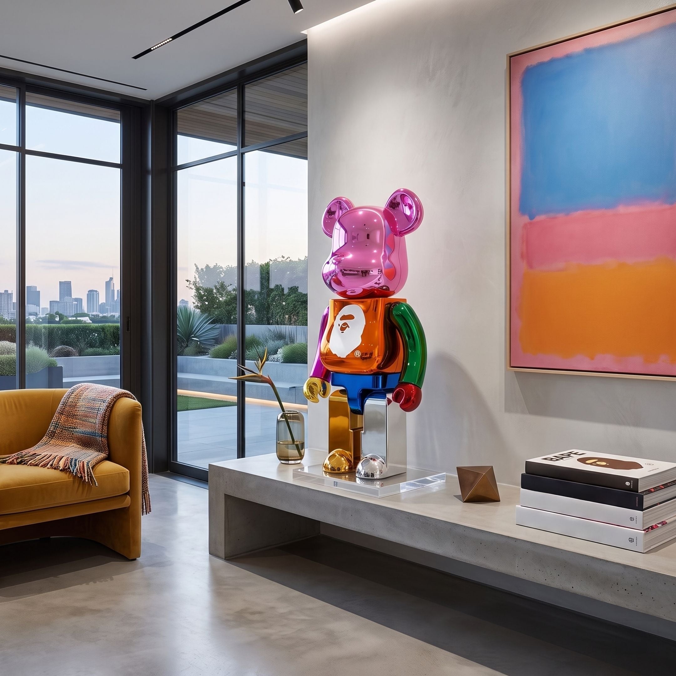 Vibrant Color Pop Bear Sculpture, 70cm, in multicoloured chrome with an ape logo on its chest, displayed on a console table in a modern living room with city-view windows.