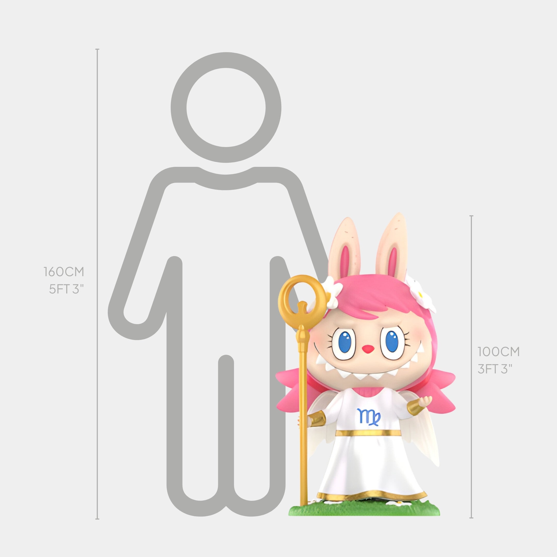 The Constellation Virgo Labubu Sculpture by Giant Sculptures is a 100cm-tall pink-haired, bunny-eared figure in a white robe with the Virgo sign, shown next to a 160cm human outline.