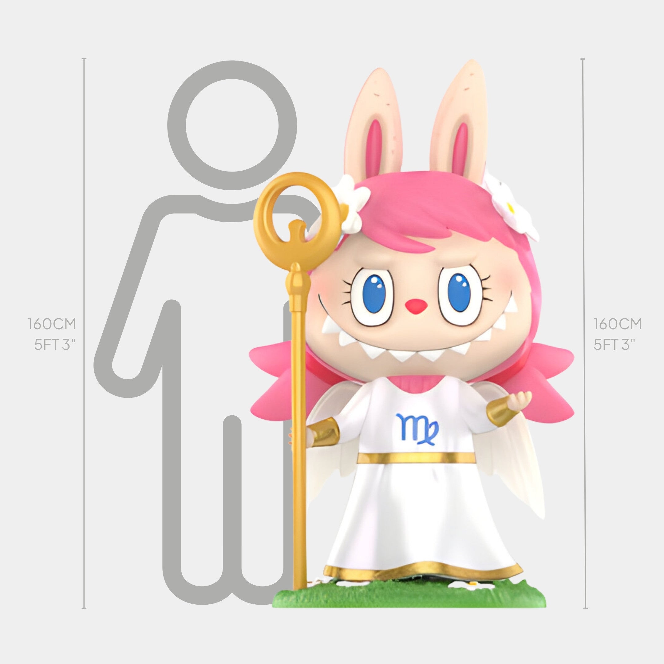 The Constellation Virgo Labubu Sculpture by Giant Sculptures features a pink-haired bunny with a gold staff in a white robe, displayed before a height chart and next to a 160 cm (5ft 3in) person, highlighting this astrology-themed piece.