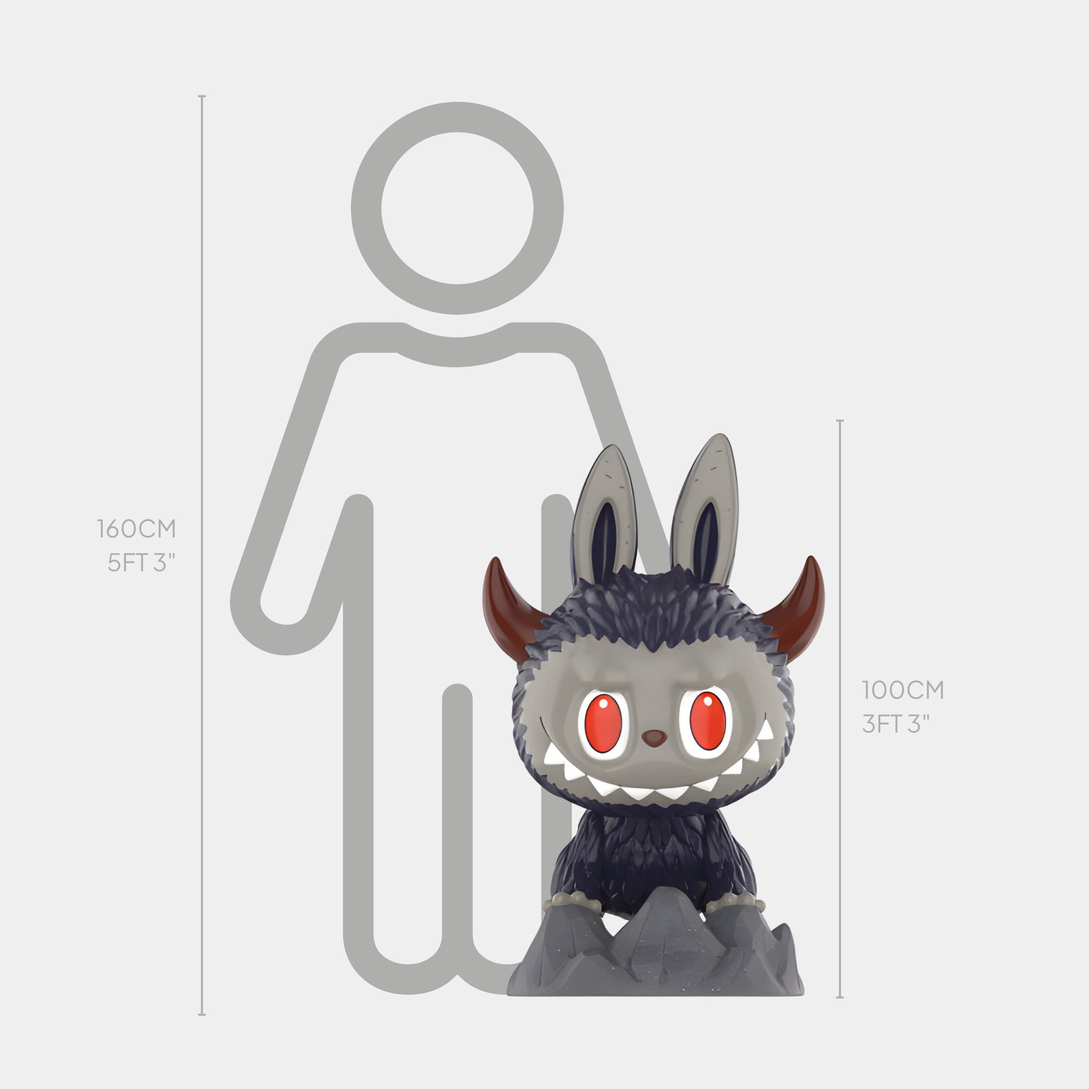 The Giant Sculptures Monsterverse Volcano Kaiju Labubu Sculpture stands 100cm tall, featuring red eyes, gray fur, large ears, and red-tipped horns. The cartoonish monster sits on a rock before a height chart beside a human figure.