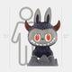 The Monsterverse Volcano Kaiju Labubu Sculpture - 160cm by Giant Sculptures features large red eyes, pointy bunny-like ears, and red horns. Standing on rocks, its height (160 cm) is shown against a faint human silhouette.