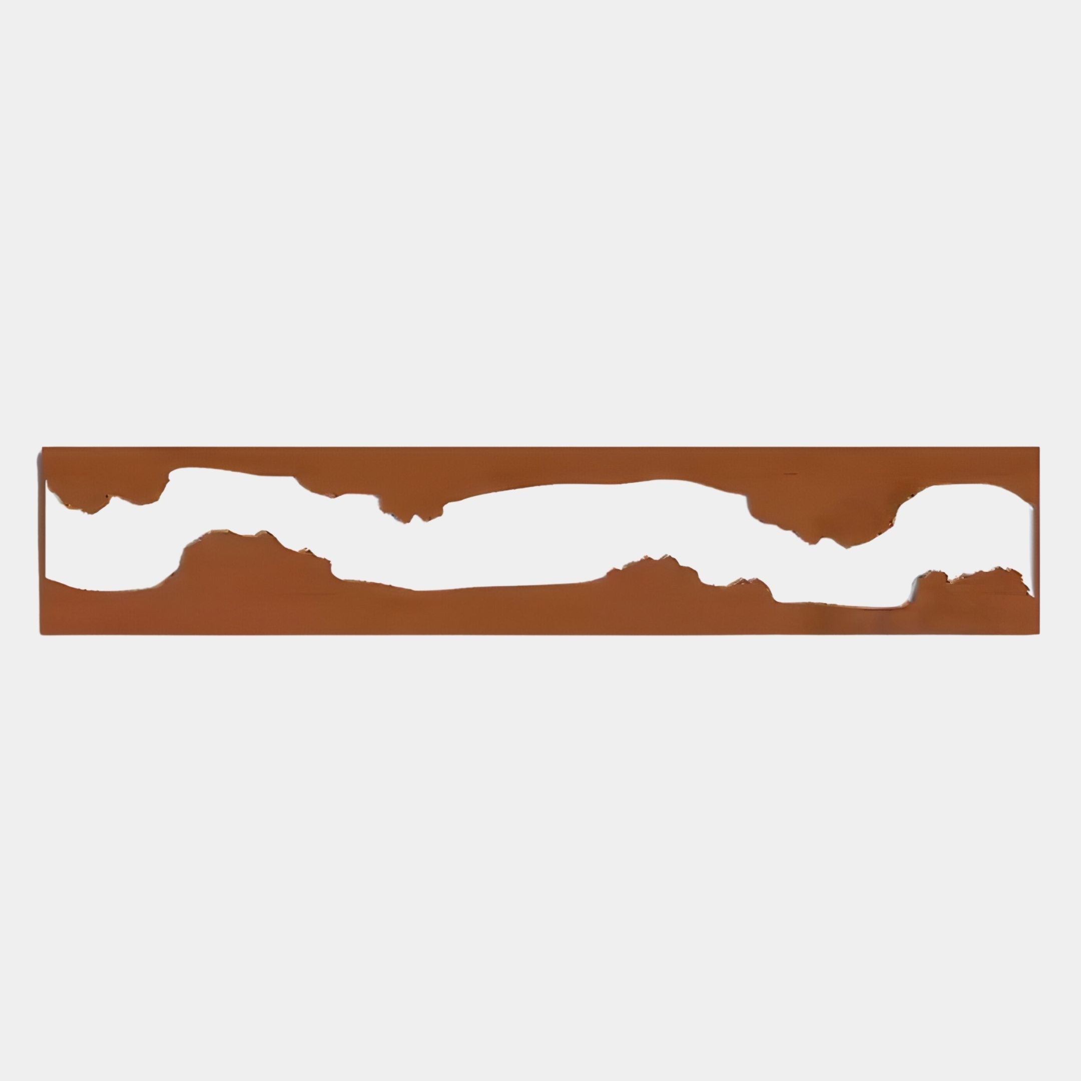 The Stratara Red Rustic Wood Carving Mirror Linear Wall Art by Giant Sculptures features a horizontal, wavy cutout in a rectangular panel. Its rich rusty brown finish contrasts sharply with a white background for a bold, organic look.
