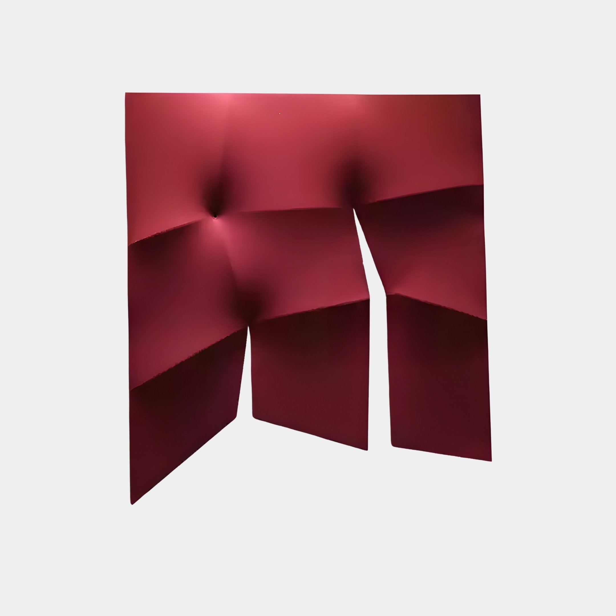 The Contours Deep Red Elastic Fabric 3D Wooden Wall Art by Giant Sculptures features angular contours and three-dimensional protrusions, standing out against a plain, light gray background.