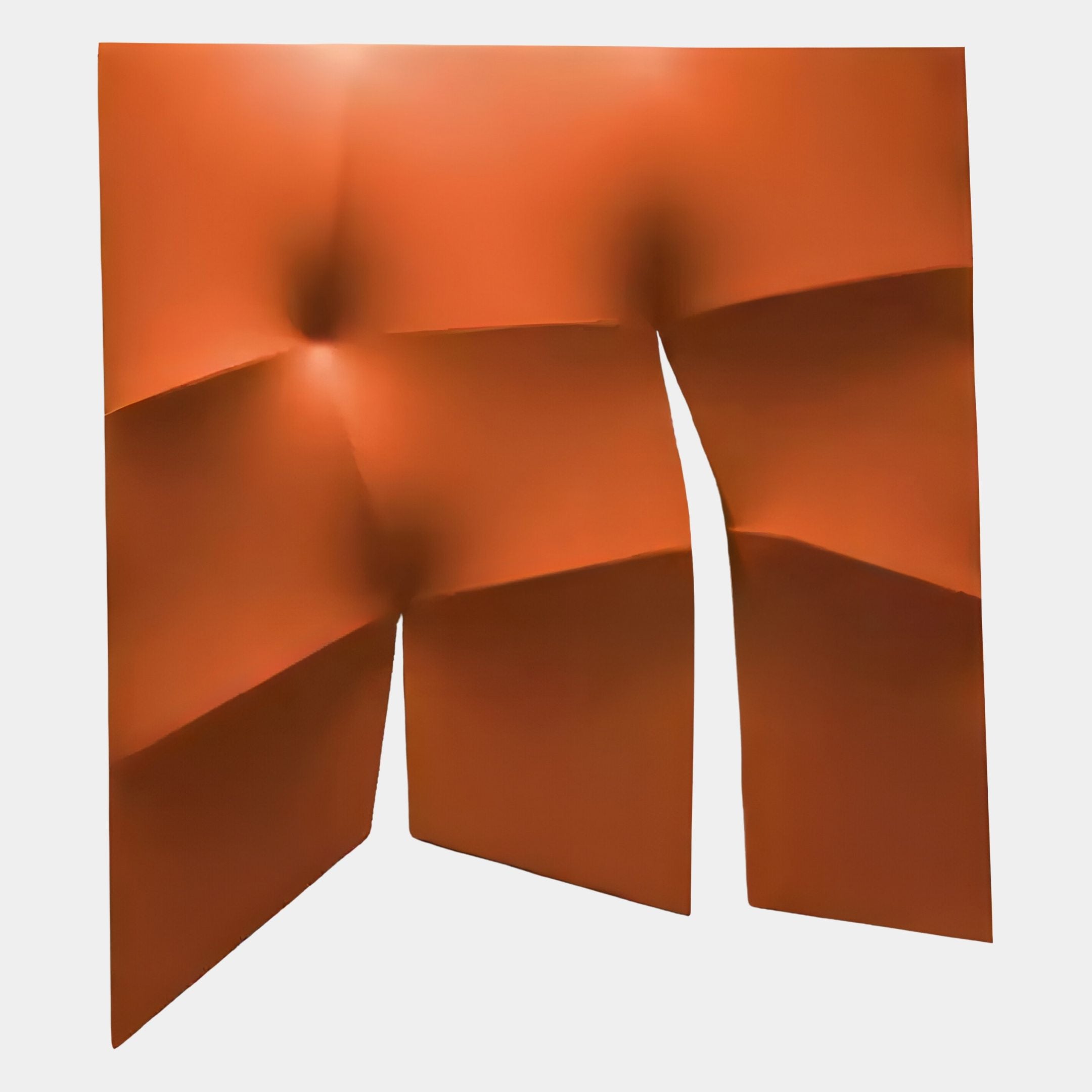 The Contours Bold Orange Elastic Fabric 3D Wooden Wall Art by Giant Sculptures showcases three connected, angular orange panels with soft indentations and a vertical gap separating the right panel.