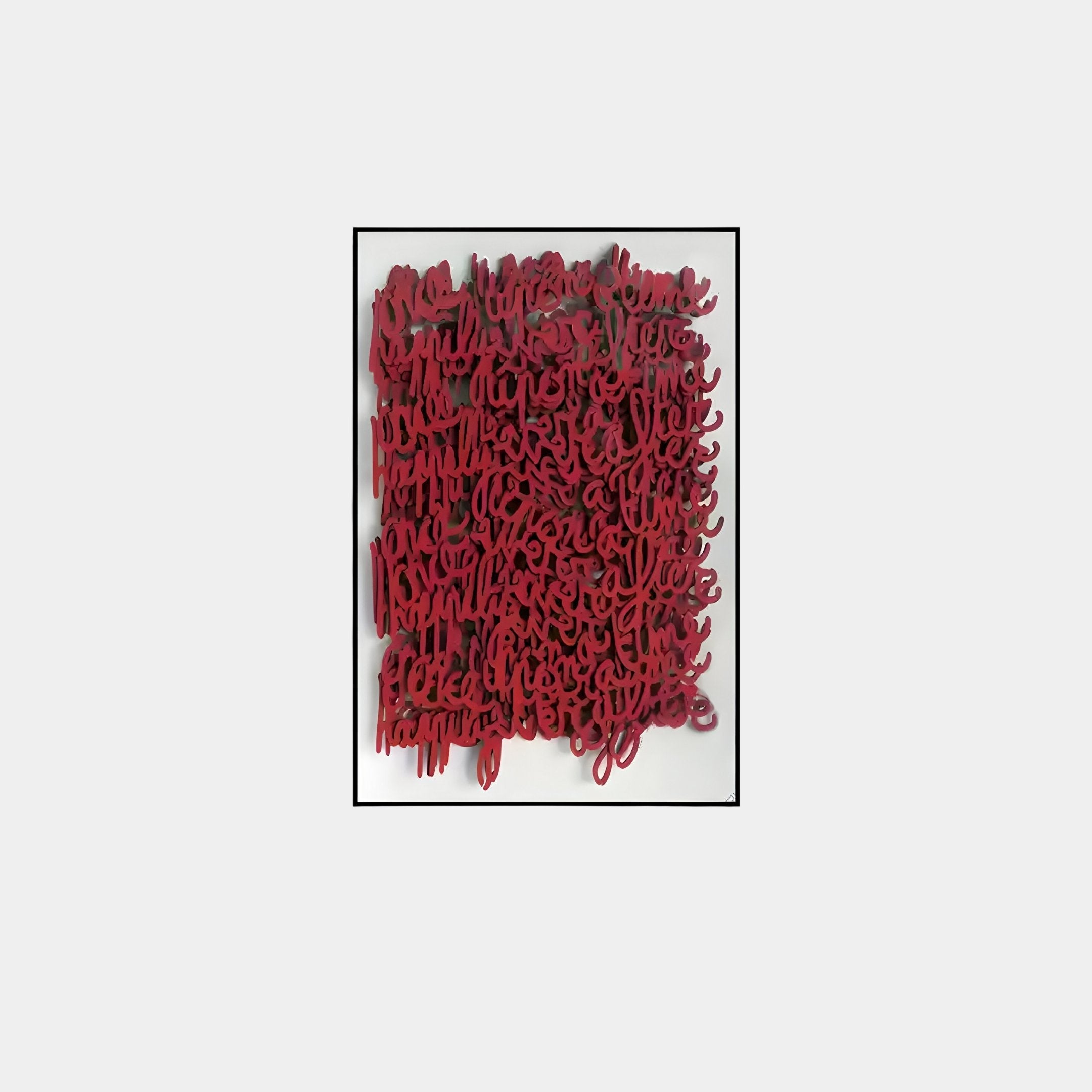 The Oratoria Red Scripted Wood Carving Hand-Painted 3D Wall Art by Giant Sculptures features a complex design with vibrant red, interconnected loops resembling tangled ribbons in a dense, rectangular pattern on a white background framed by a black border.