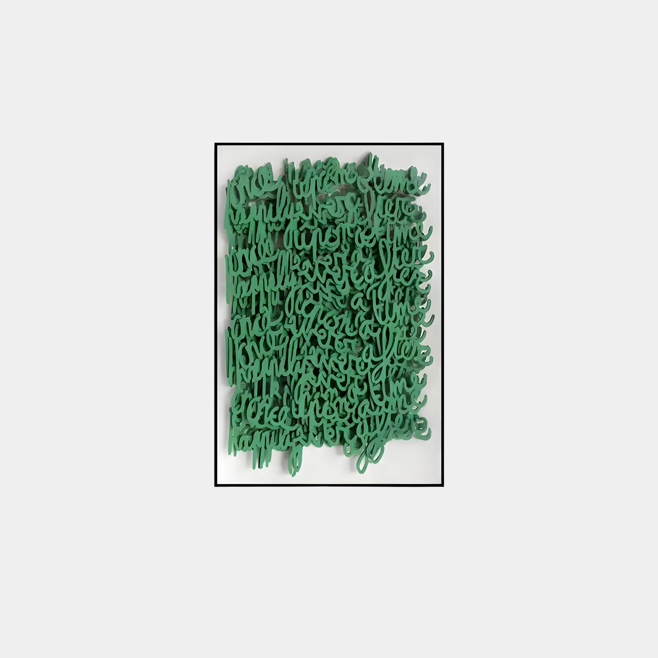 The Oratoria Green Scripted Wood Carving by Giant Sculptures is a captivating wall art piece, featuring hand-painted, layered 3D script-like shapes on a white background with intricate texture, framed in black.