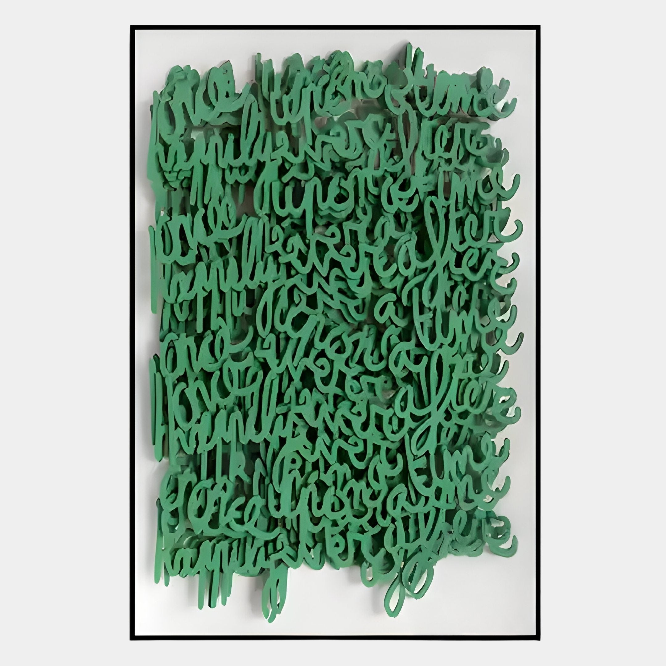 The Oratoria Green Scripted Wood Carving Hand-Painted 3D Wall Art by Giant Sculptures features layered, hand-carved illegible wooden scripts in vibrant green, forming dense abstract patterns against a white backdrop and framed in black.