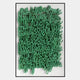 The Oratoria Green Scripted Wood Carving Hand-Painted 3D Wall Art by Giant Sculptures features layered, hand-carved illegible wooden scripts in vibrant green, forming dense abstract patterns against a white backdrop and framed in black.
