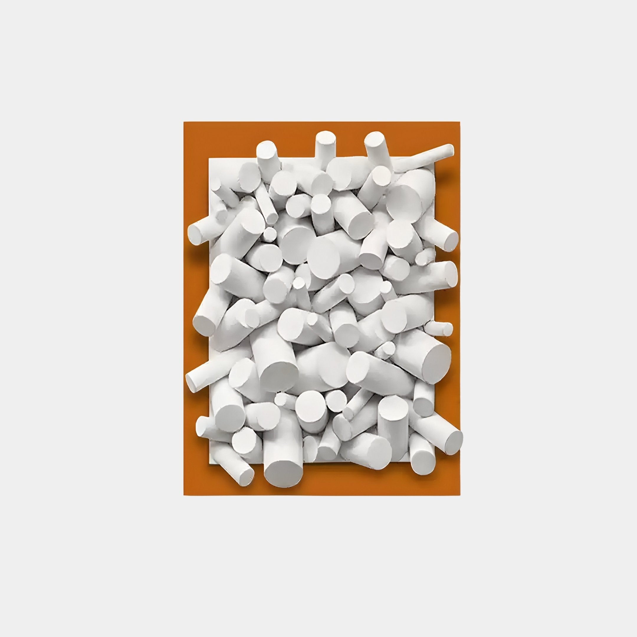 The Axion White Wood Cluster & Burnished Orange Edge 3D Wall Art by Giant Sculptures features a dense arrangement of white cylinders and spheres, creating a visually textured pattern against an orange backdrop. Ideal as striking wall decor.