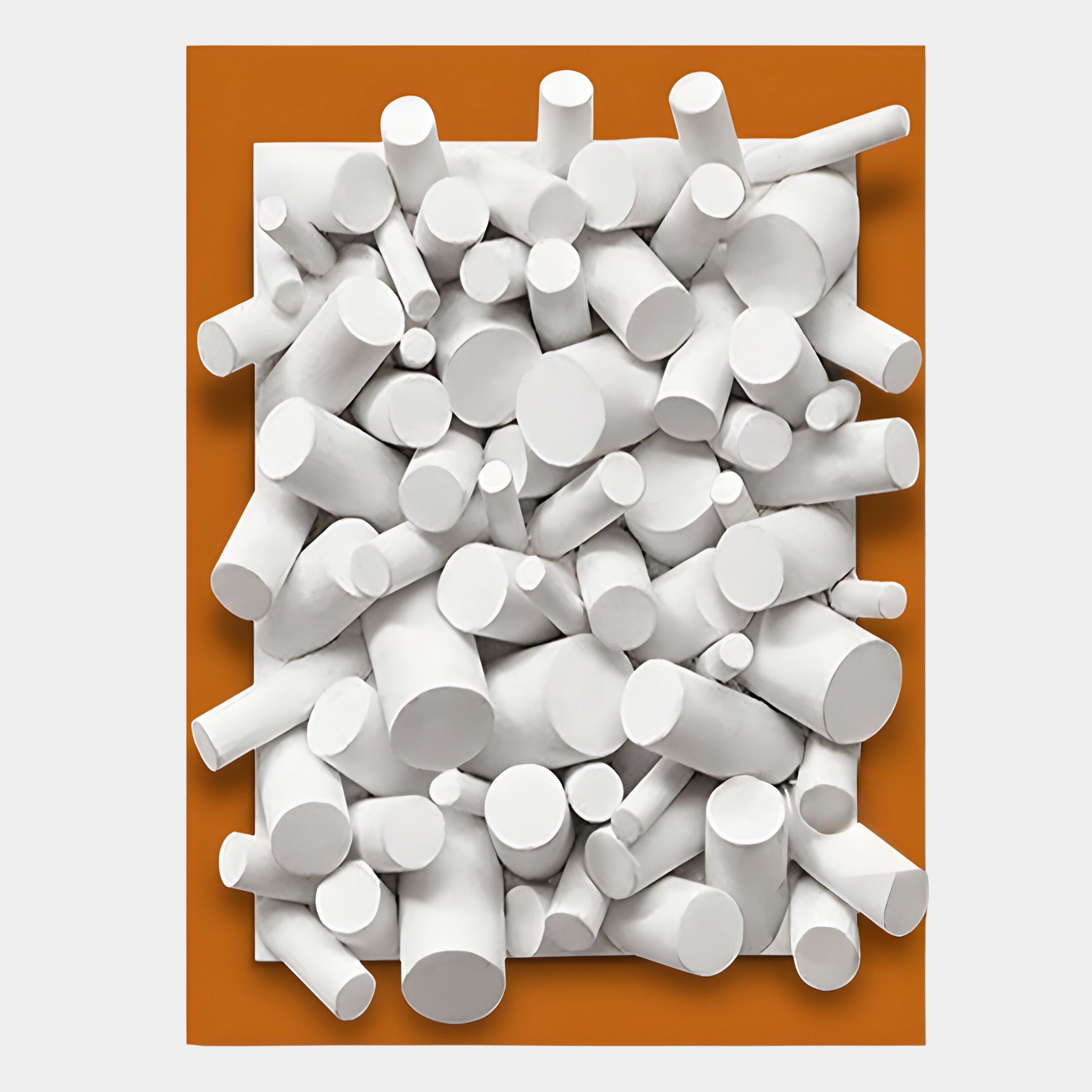 The Axion White Wood Cluster & Burnished Orange Edge 3D Wall Art by Giant Sculptures features cylindrical white wood shapes of varying sizes arranged on a burnished orange background, creating a bold abstract wall piece with dimensional impact.