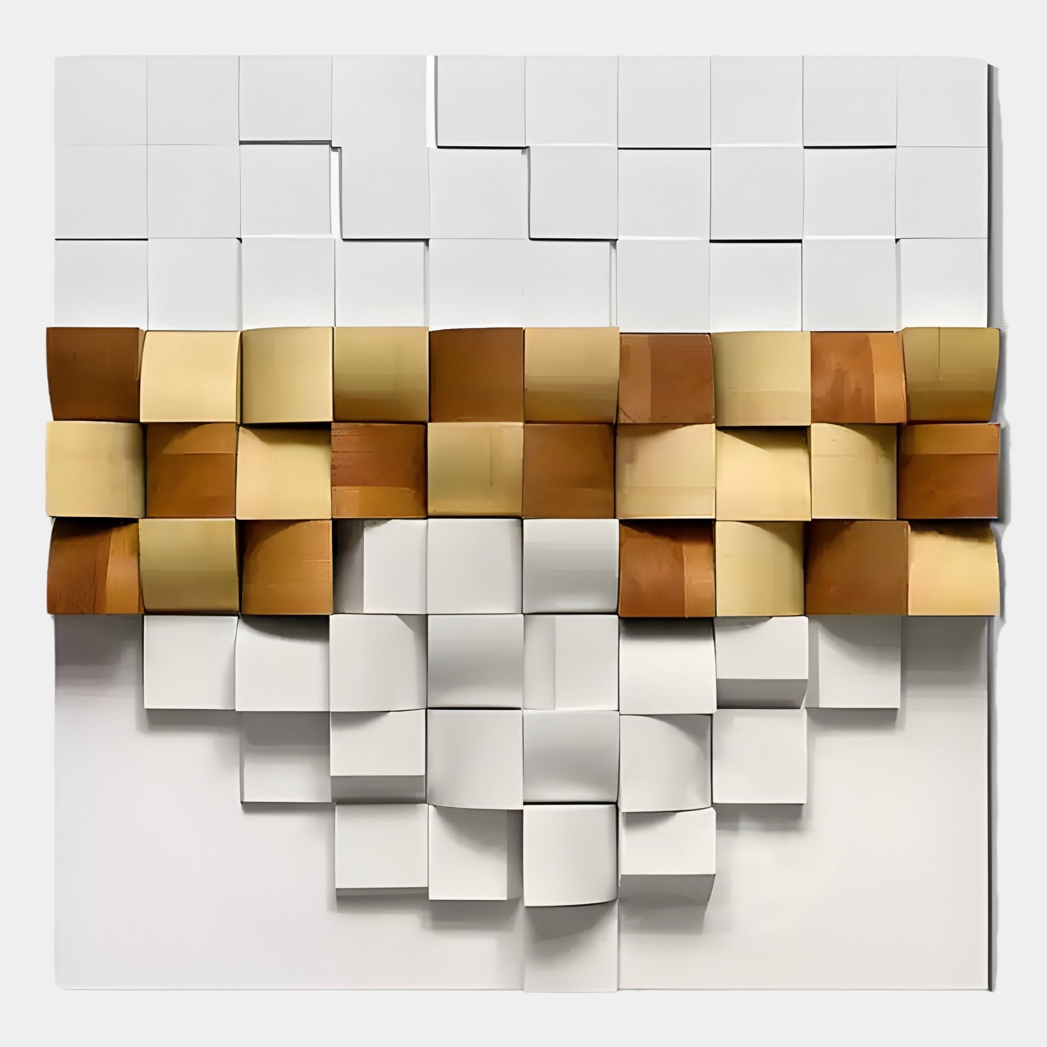 The Structura Golden Ochre & White 3D Wooden Square Wall Art by Giant Sculptures features Nordic-inspired design with white and ochre tiles in a minimalist, geometric grid, some curving outward for added texture and a striking central band.