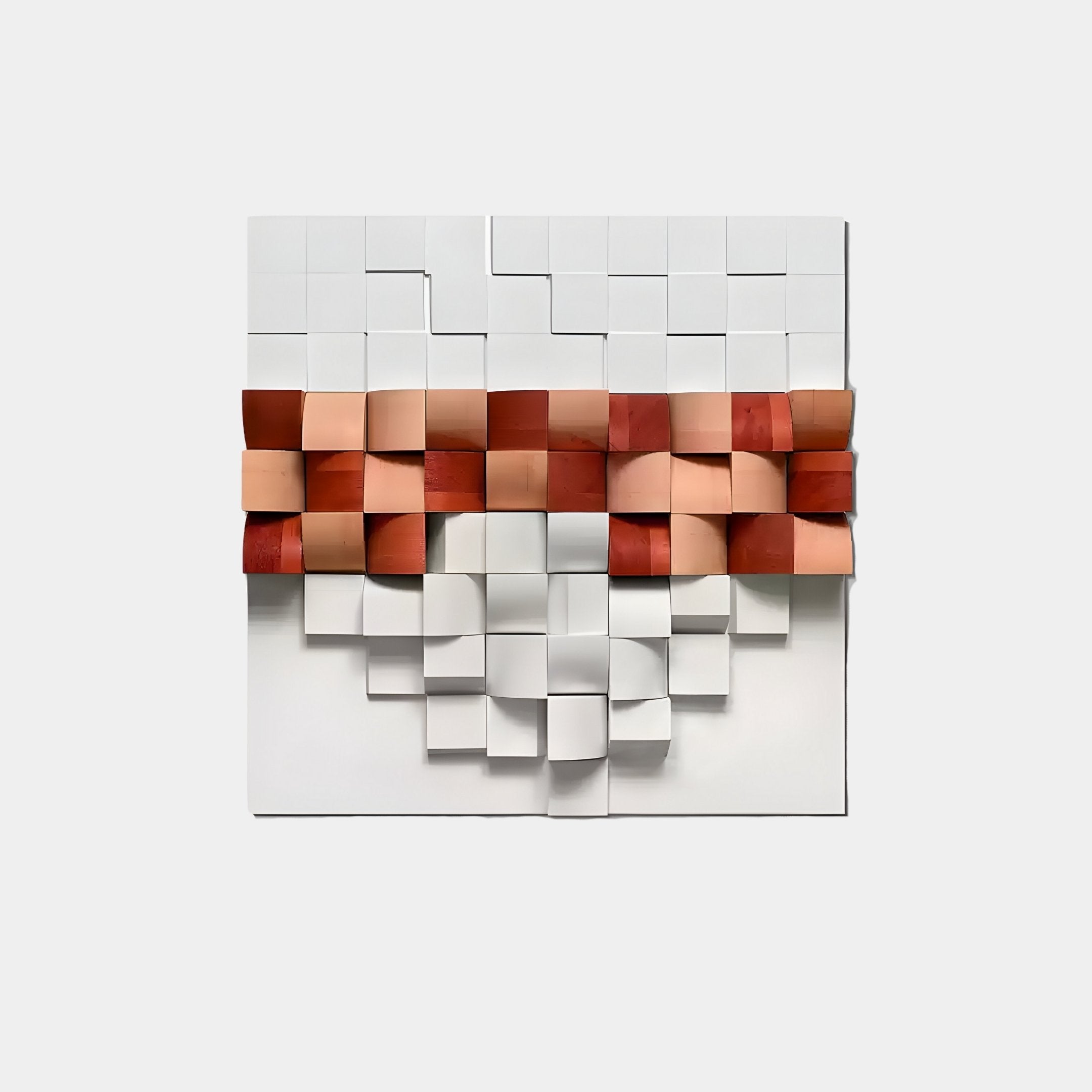 Explore the Structura Terracotta & White 3D Wooden Square Wall Art by Giant Sculptures, featuring a captivating grid of wooden squares. The upper section transitions from red to beige, while the bottom is largely white, creating a woven 3D effect that showcases modern craftsmanship.