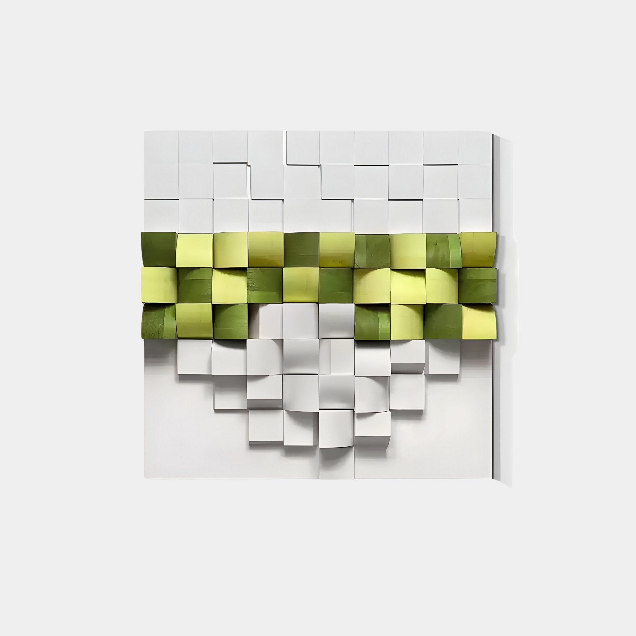 The Structura Verdant Green & White 3D Wooden Square Wall Art by Giant Sculptures features white and verdant green cubes in a grid. Central cubes are rotated and angled, offering dynamic textures with horizontal bands of green, reflecting a minimalist design.