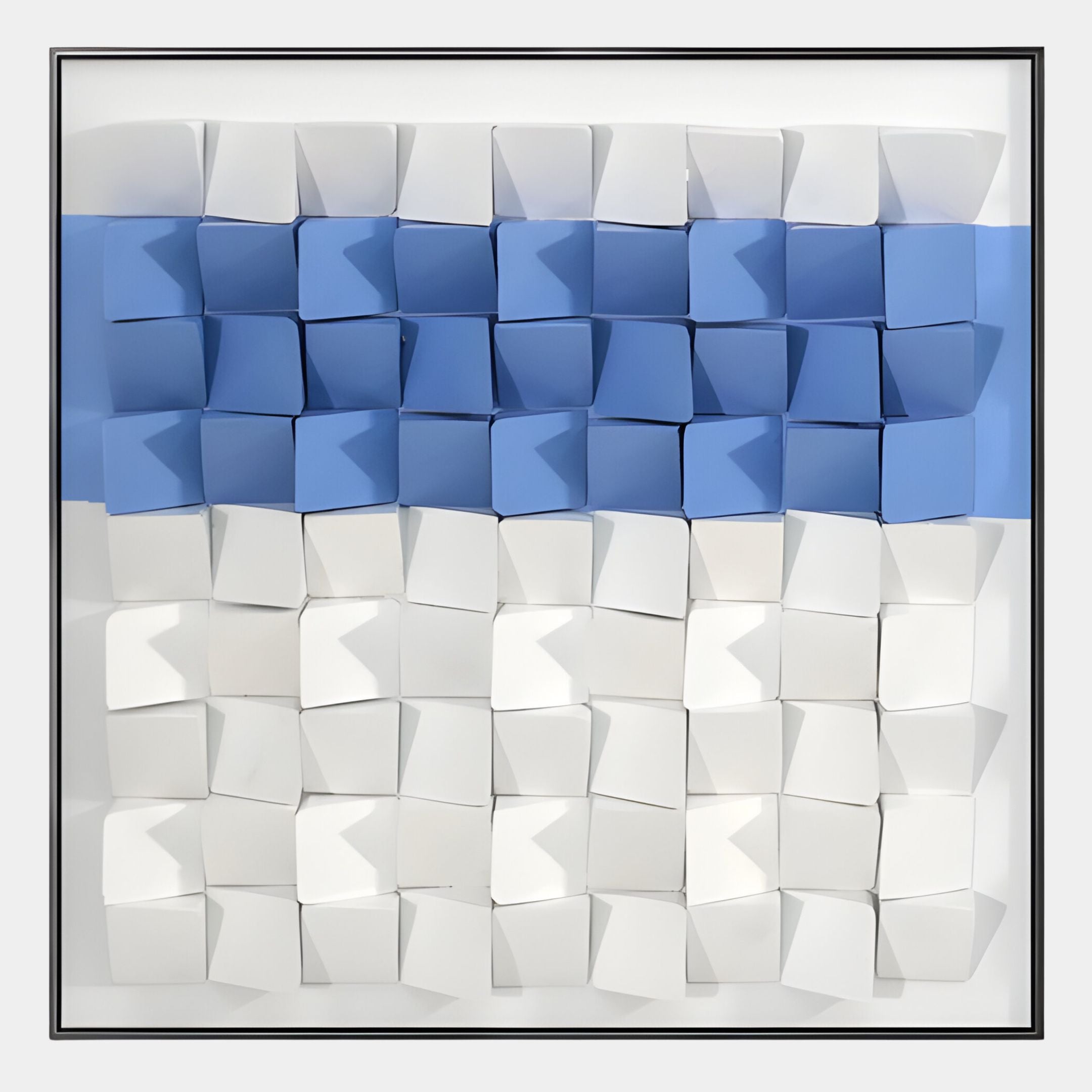 Tessera White & Blue I Geometric Wood 3D Wall Art by Giant Sculptures features white and blue 3D cubes in a grid, with a striking horizontal row of blue near the top. Framed in black, it’s perfect for contemporary interiors.