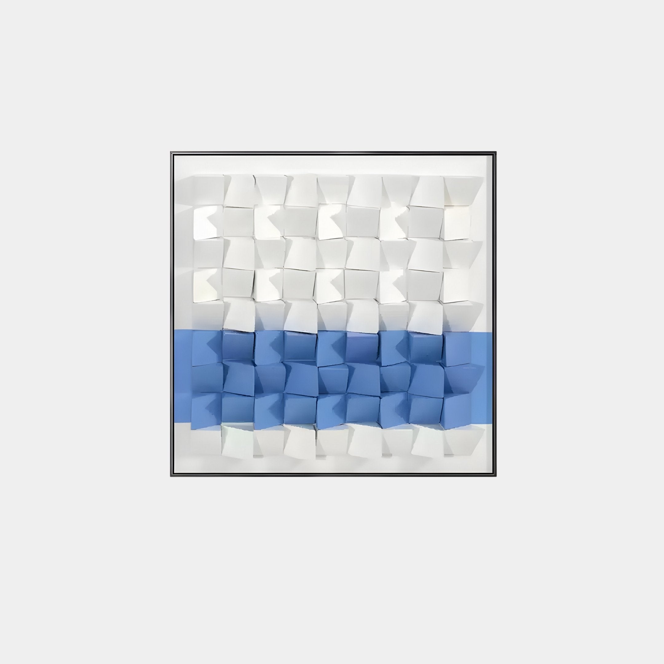 The Tessera White & Blue II Geometric Wood 3D Wall Art by Giant Sculptures features a 5x5 grid of cube structures, with white cubes in the top and bottom rows and blue cubes creating a central stripe. Elegantly framed in black, its perfect for contemporary interiors.