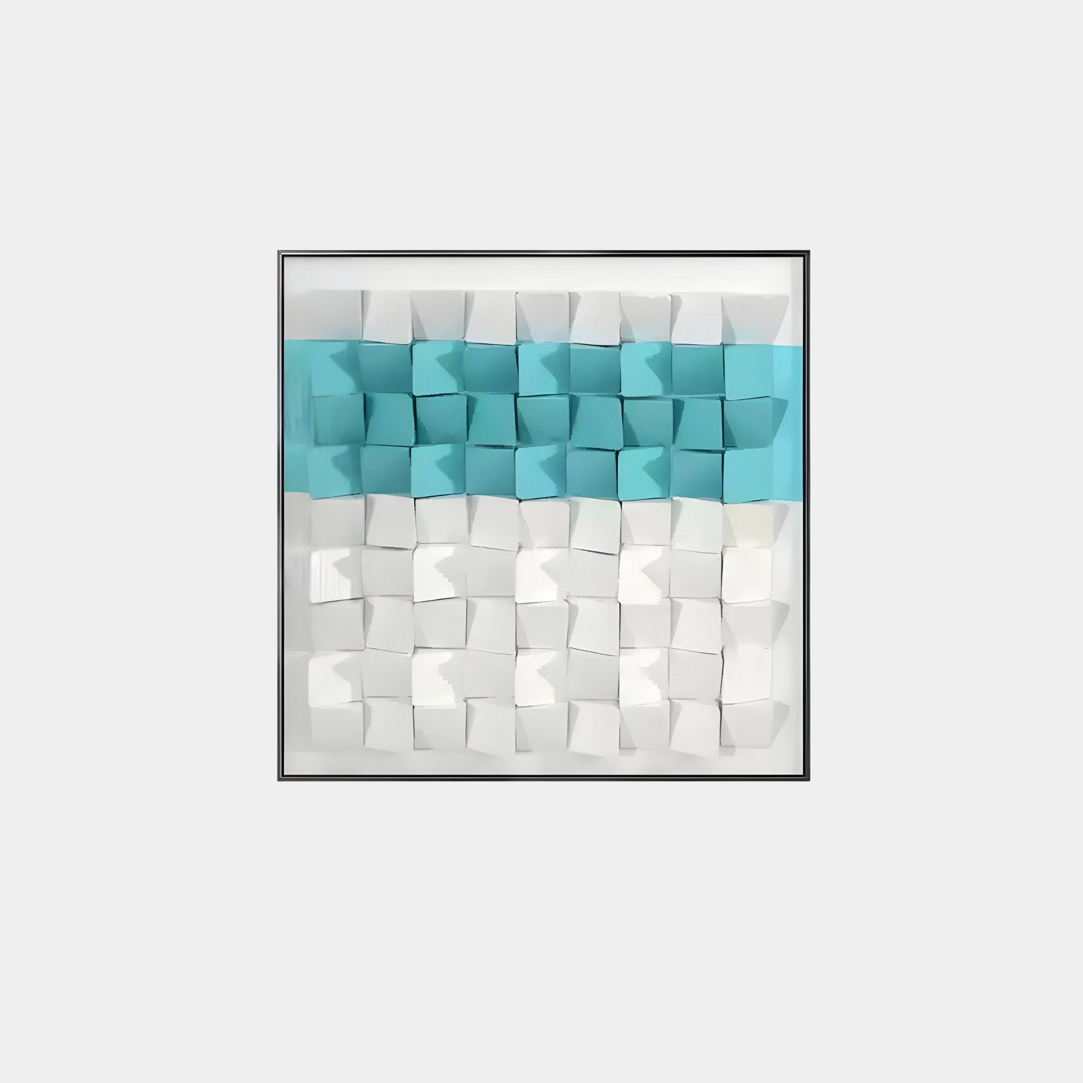 The Tessera White & Aqua I Geometric Wood 3D Wall Art by Giant Sculptures features a framed design with a grid of white cubes and a row of light blue cubes, embodying a modern, minimalist aesthetic.