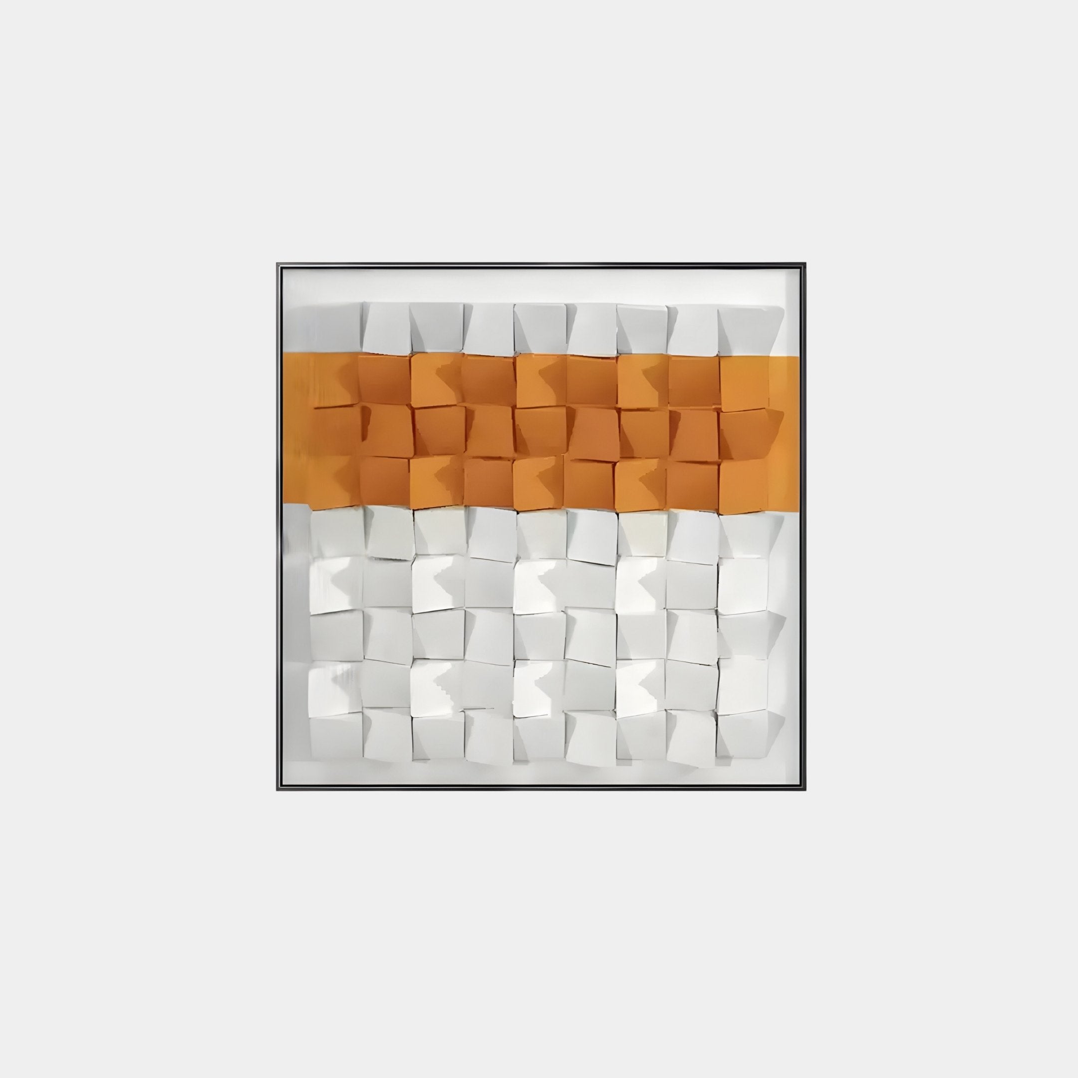 The Tessera White & Orange I Geometric Wood 3D Wall Art by Giant Sculptures features a framed grid of paper-like folds, with a bold orange stripe on the top two rows and white on the lower two, offering a textured, three-dimensional look against a neutral background for striking contrast.