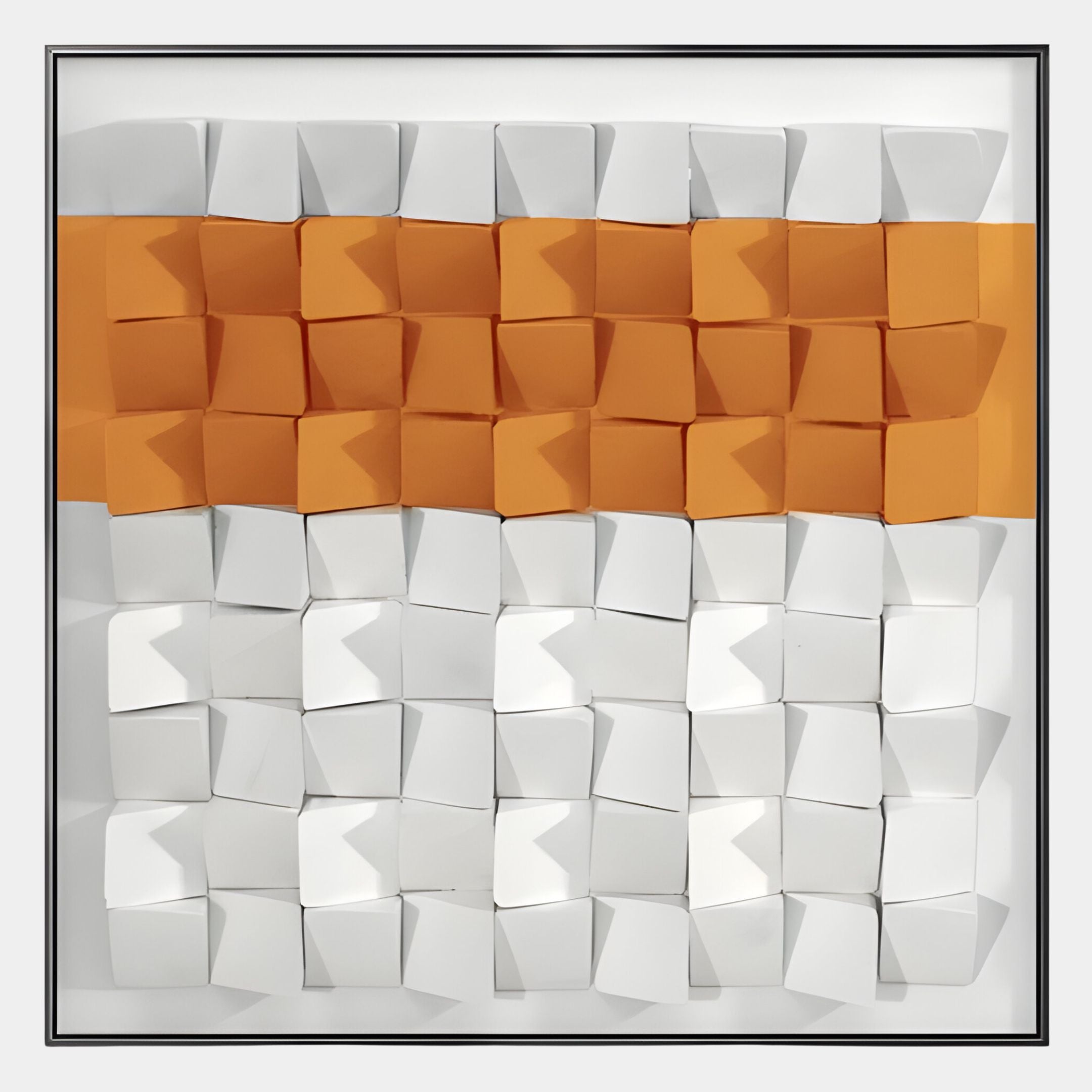 The Tessera White & Orange I Geometric Wood 3D Wall Art by Giant Sculptures features hand-painted orange and white pine cubes in a geometric pattern within a white frame—ideal for adding modern style to minimalist spaces.