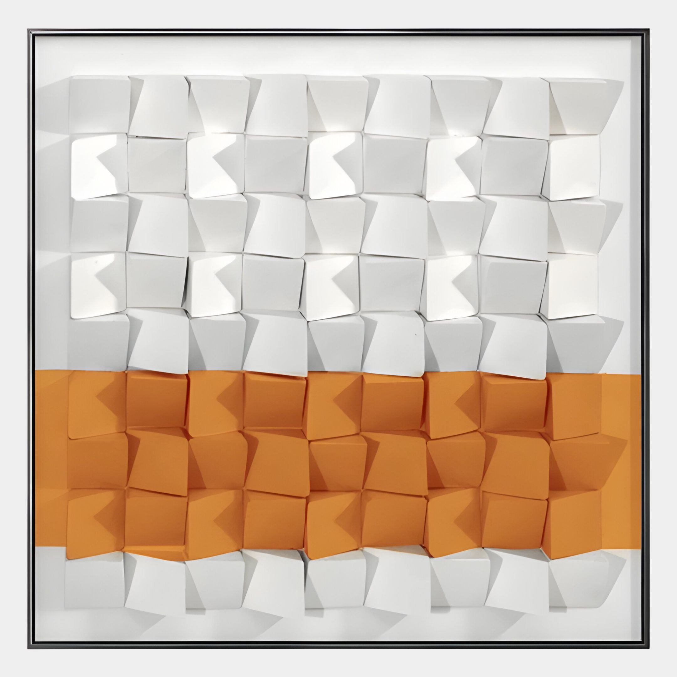 The Tessera White & Orange II Geometric Wood 3D Wall Art by Giant Sculptures features a bold horizontal orange stripe between white rows of square blocks—an eye-catching modern decor piece for stylish interiors.