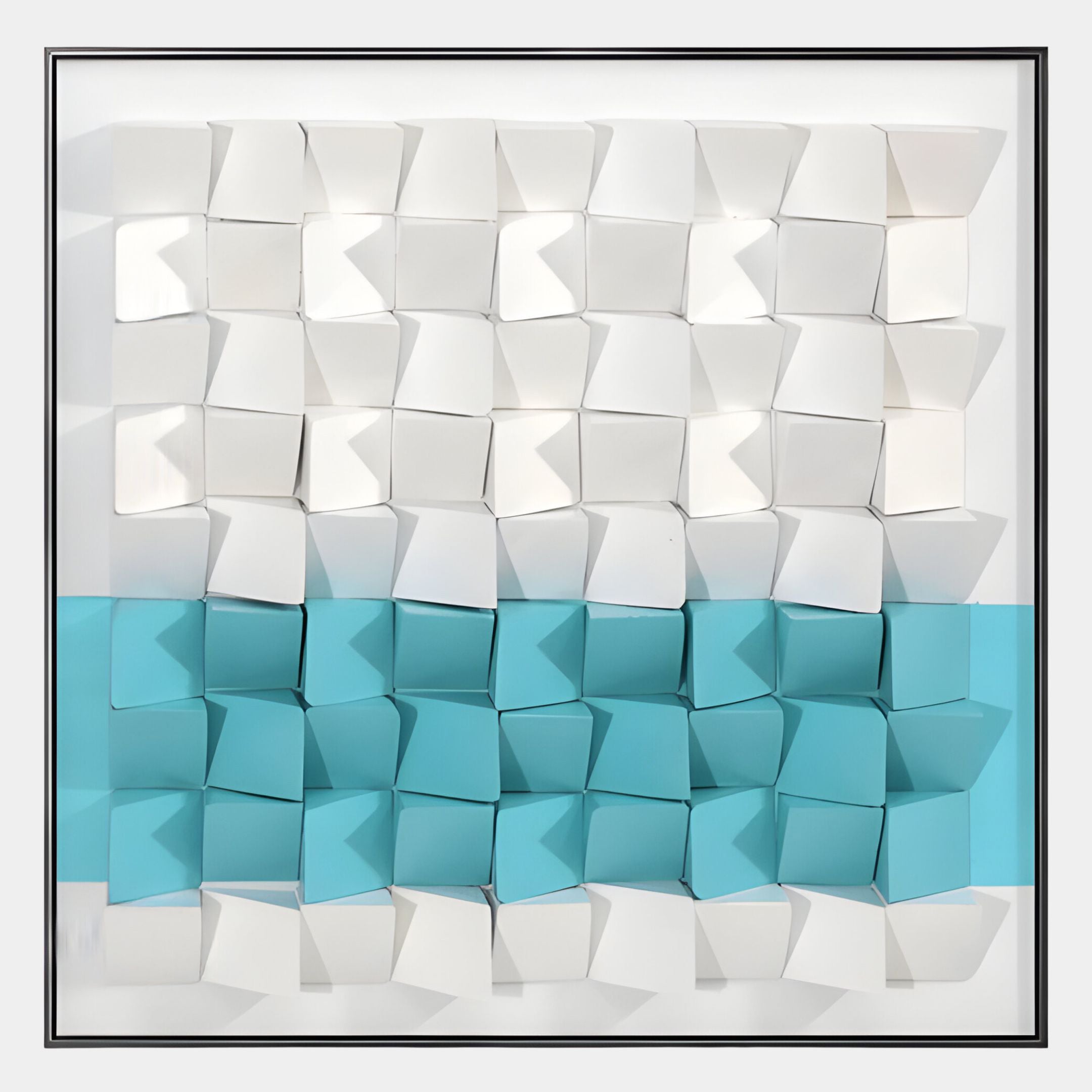 The Tessera White & Aqua II Geometric Wood 3D Wall Art by Giant Sculptures features a Nordic-inspired grid of white and light blue cubes with a central aqua stripe; open flaps cast shadows, adding depth to this minimal, modern piece.