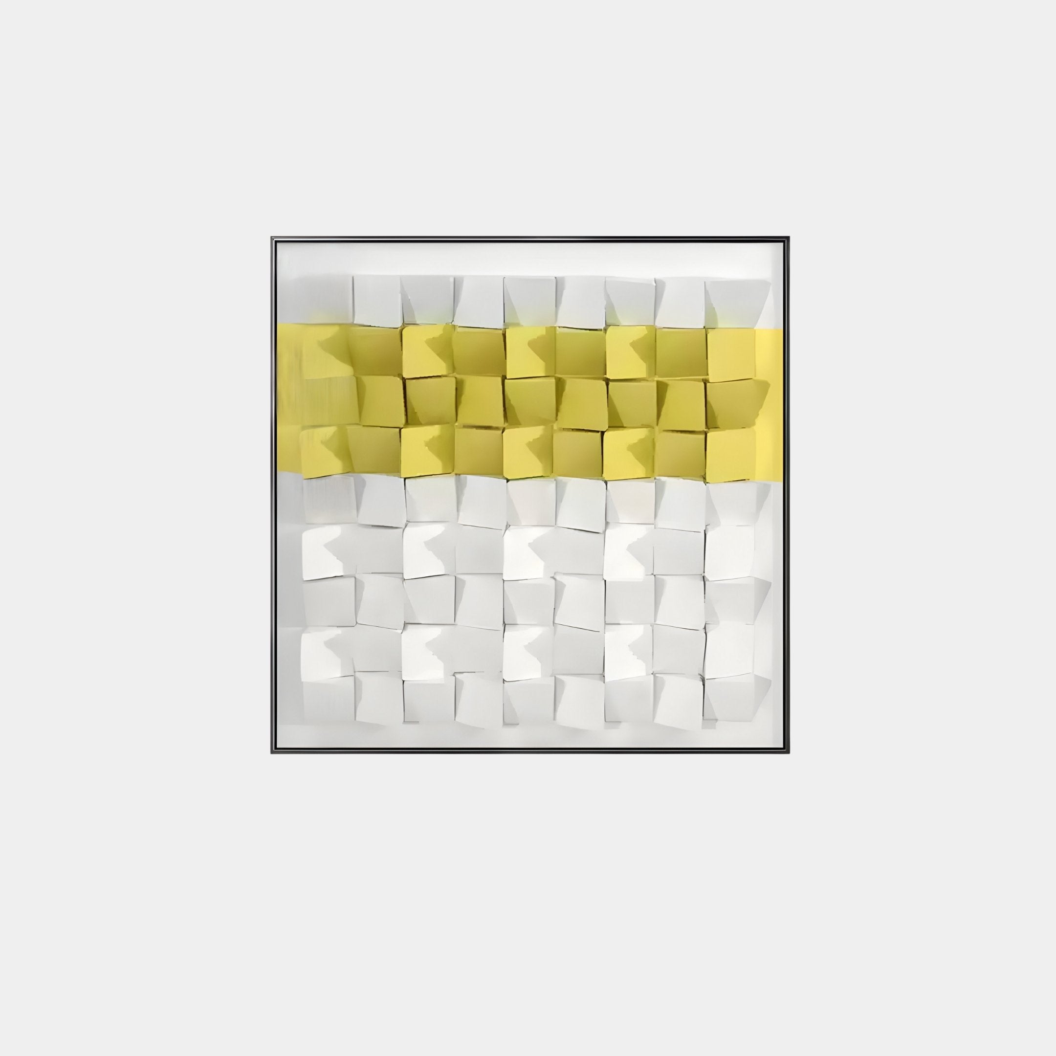 The Tessera White & Yellow I Geometric Wood 3D Wall Art by Giant Sculptures features a grid of three-dimensional folded paper squares with a yellow top row and white beneath, forming a striking central band.