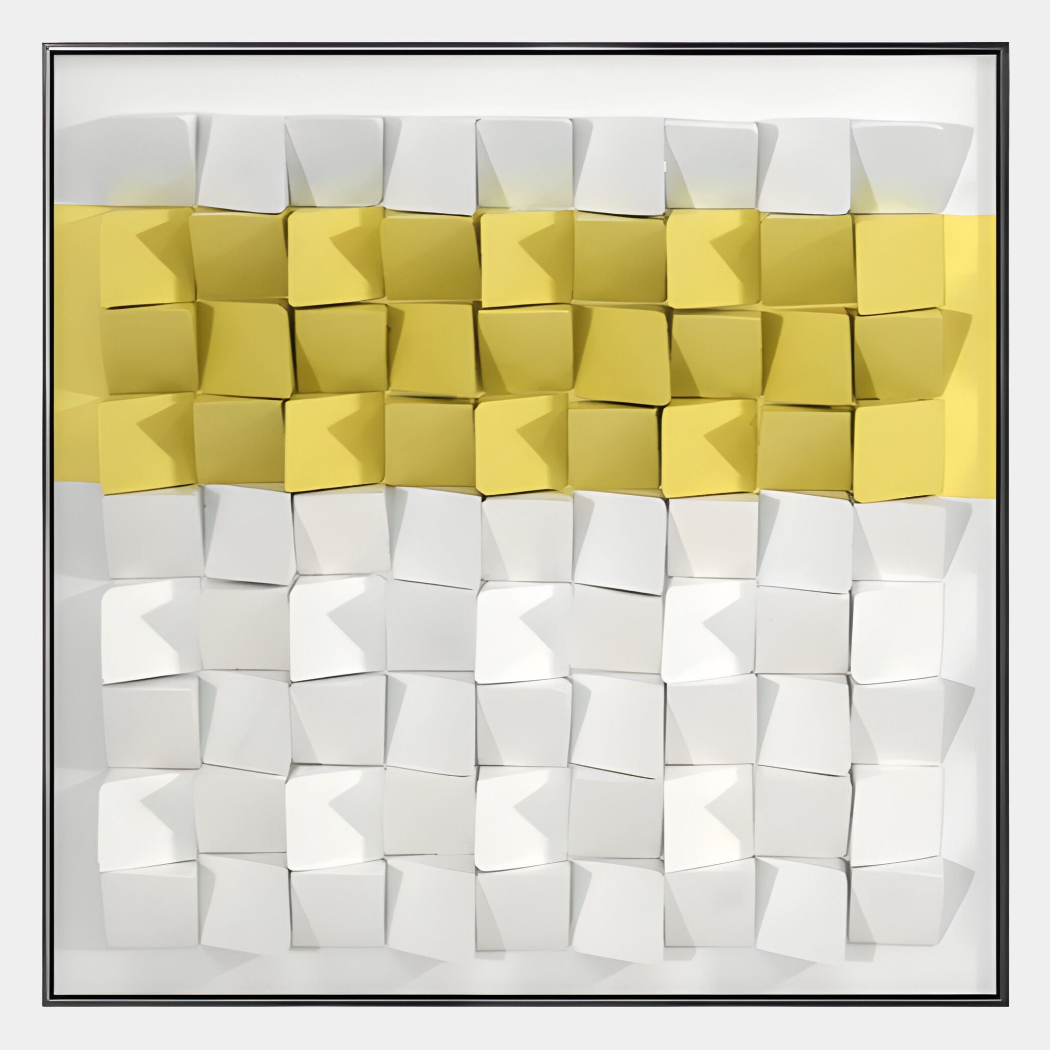 The Tessera White & Yellow I Geometric Wood 3D Wall Art by Giant Sculptures features rows of 3D paper-like yellow and white cubes in a grid, all set within a black frame for bold, modern style.