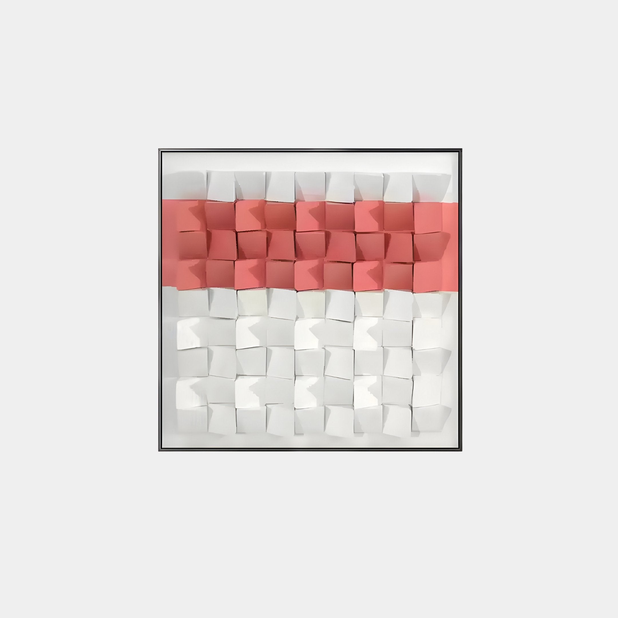 The Tessera White & Coral I Geometric Wood 3D Wall Art by Giant Sculptures is a contemporary framed piece with folded paper squares in a textured grid. It features a sleek white background with the top two rows in pink and bottom three in white for an elegant geometric design.