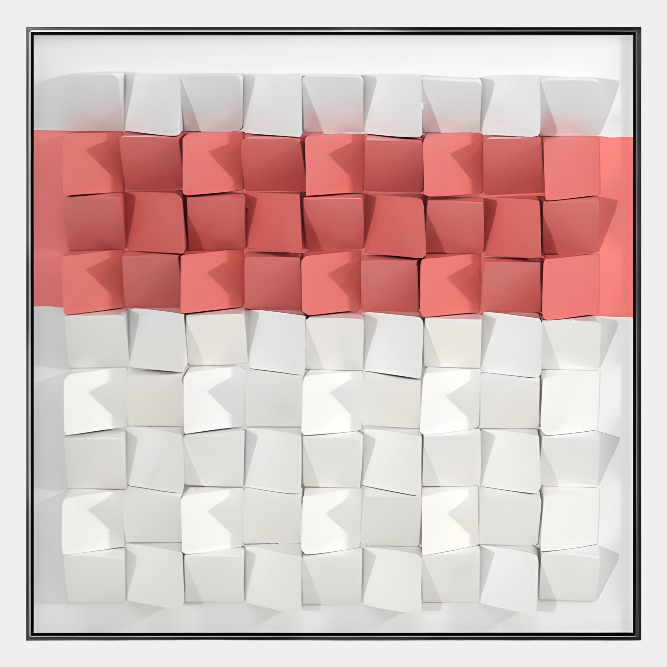 The Tessera White & Coral I Geometric Wood 3D Wall Art by Giant Sculptures features a grid of white and coral 3D cubes in a thin black frame, creating a bold geometric accent perfect for adding modern elegance to any space.