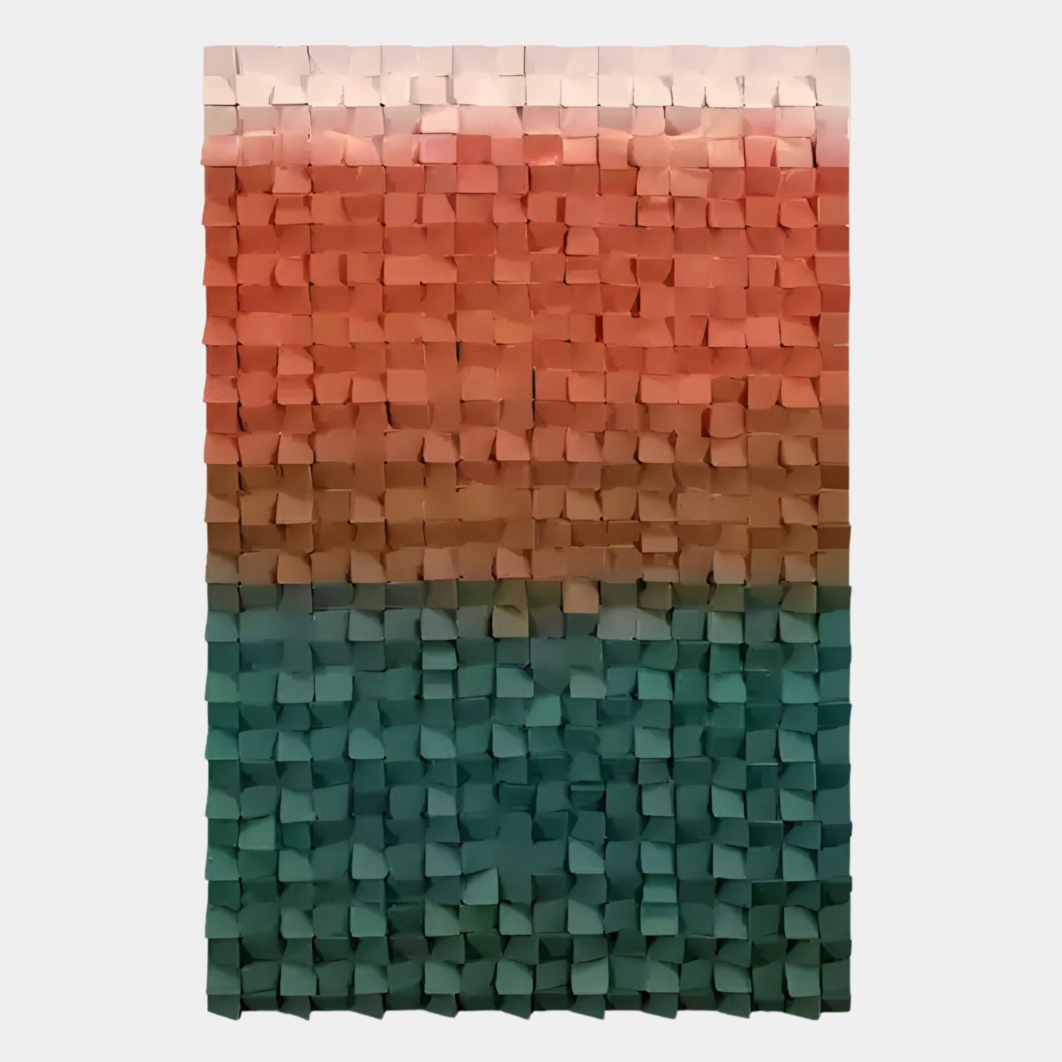 A grid of small, 3D paper squares in fading peach, orange, brown, and greenish-blue hues—reminiscent of the Stratiform Multitone Sunset Gradient Wood Mosaic 3D Wall Art by Giant Sculptures.