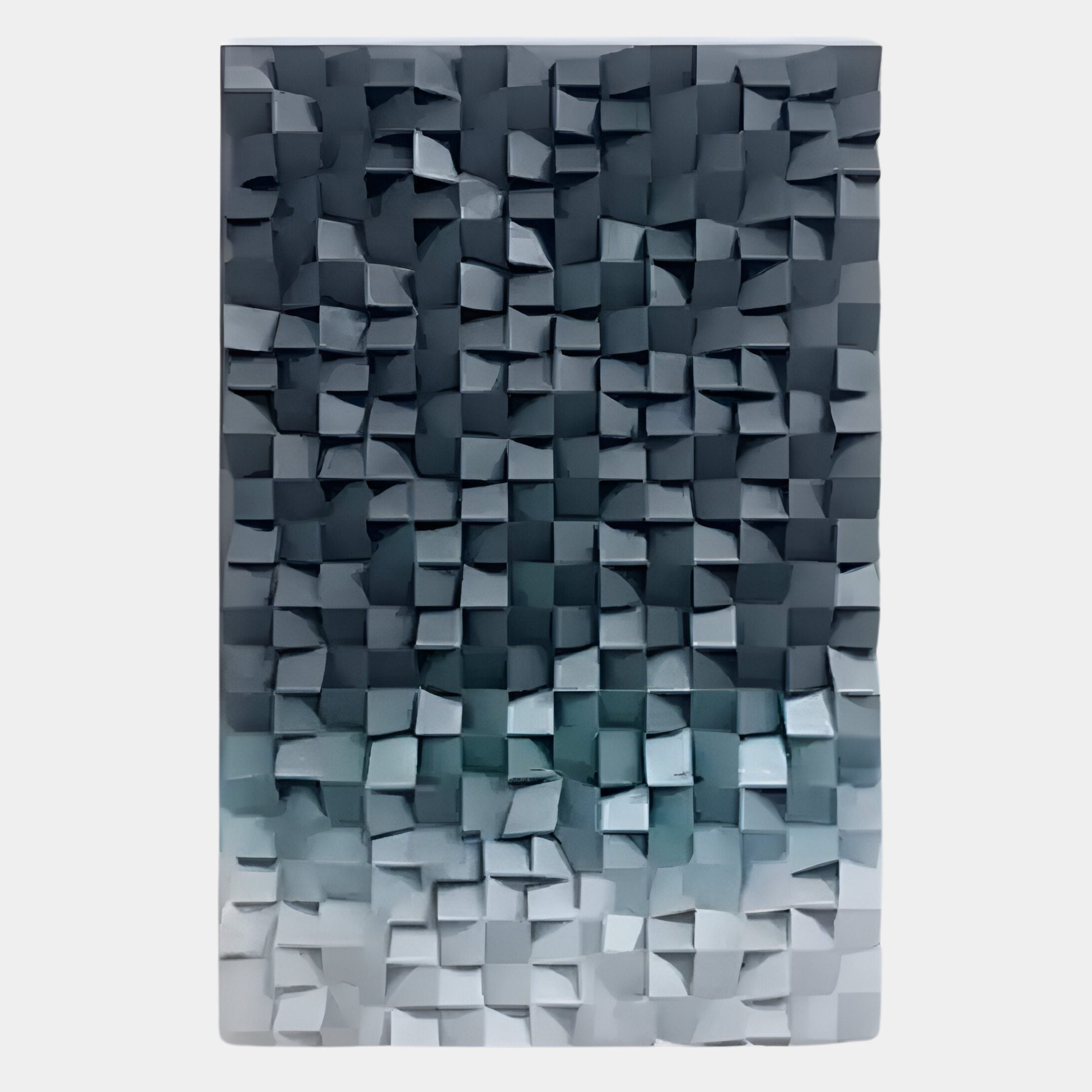 The Stratiform Monochrome Mist Gradient Wood Mosaic 3D Wall Art by Giant Sculptures features a panel of three-dimensional blocks, creating a stunning gradient from dark gray to light gray for an eye-catching, modern effect.