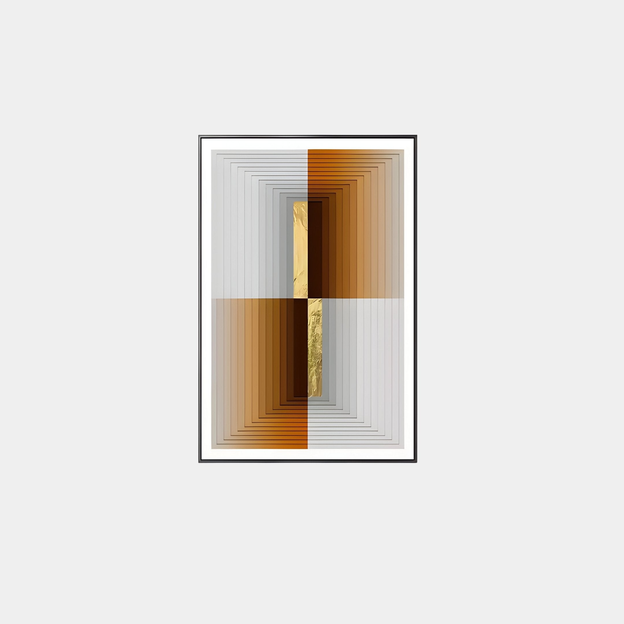 The Striato Bronze & Grey Wood Quadrant 3D Wall Art by Giant Sculptures features layered rectangles in orange, brown, and gray gradients with a vertical gold foil accent at the center, framed on a light background.