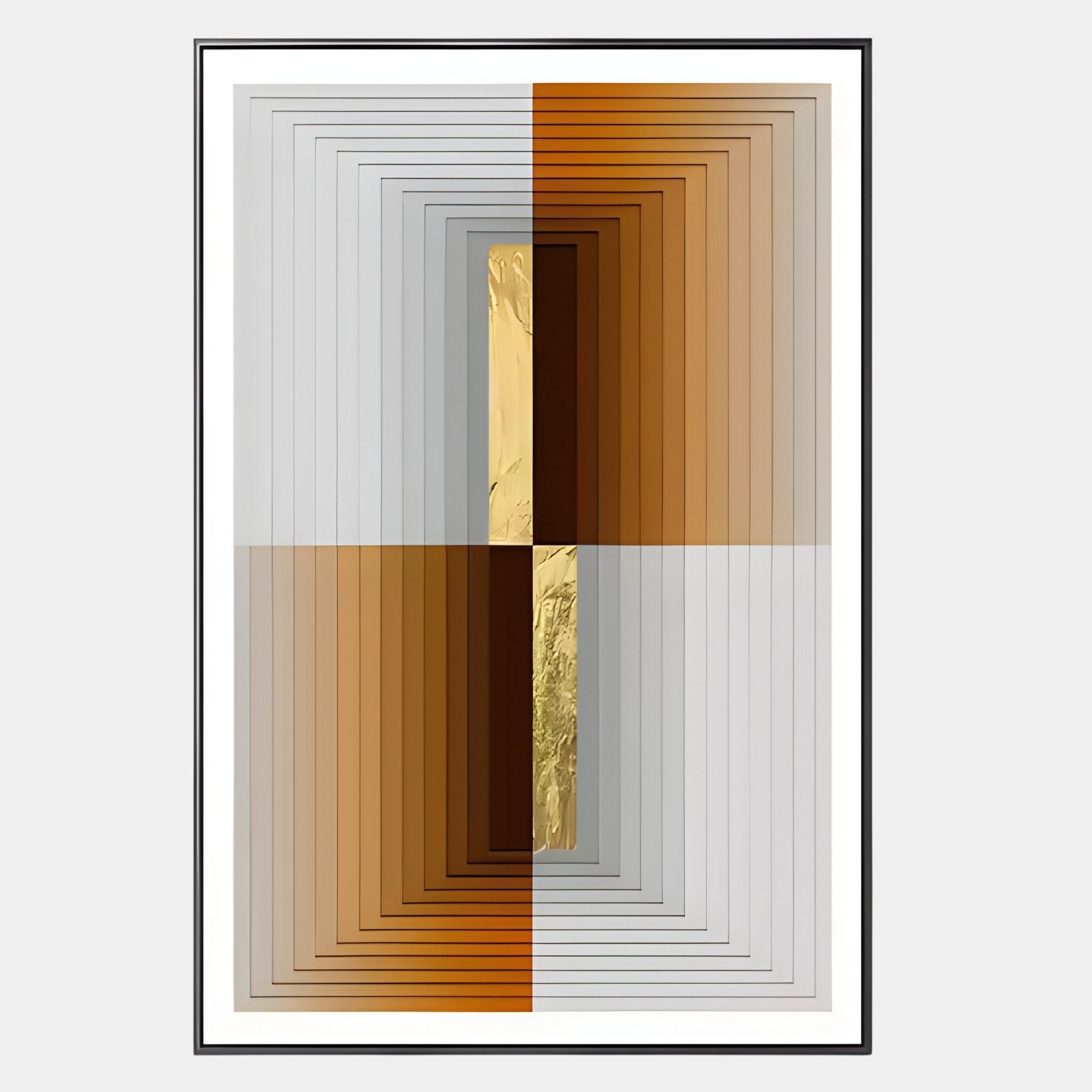 The Striato Bronze & Grey Wood Quadrant 3D Wall Art With Gold Accent by Giant Sculptures features concentric rectangles in brown, gray, and white, divided into four quadrants with a central textured gold strip and finished with a black border.