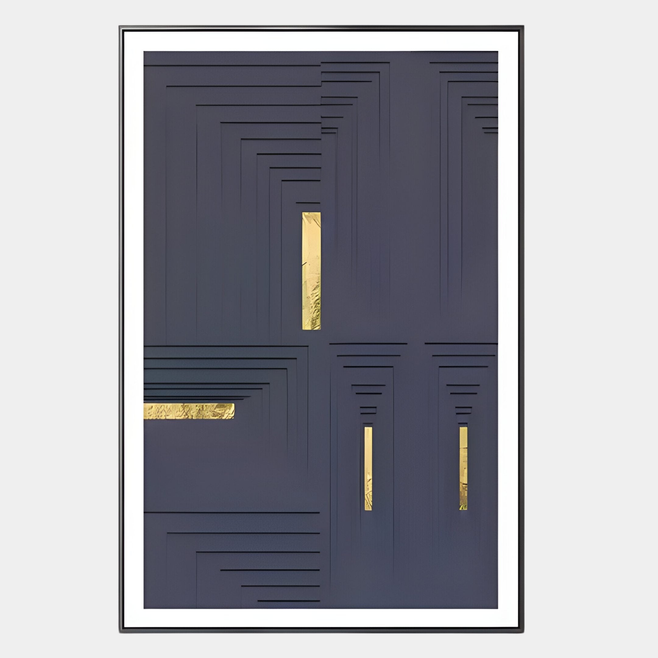 Striato Midnight Blue 3D Wooden Wall Art With Gold Accent by Giant Sculptures features geometric, layered dark blue shapes and thin gold lines in a rectangular frame with a white border for a modern, minimalist look.