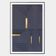 Striato Midnight Blue 3D Wooden Wall Art With Gold Accent by Giant Sculptures features geometric, layered dark blue shapes and thin gold lines in a rectangular frame with a white border for a modern, minimalist look.