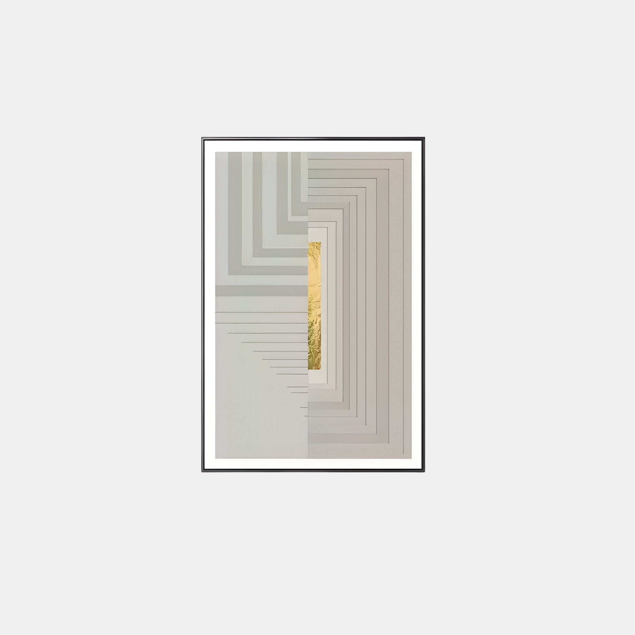 The Striato Dove Grey 3D Wooden Wall Art With Gold Accent by Giant Sculptures features layered, angular shapes shifting from dove grey to beige, revealing a glimpse of natural scenery with green and yellow tones, elegantly merging 3D wooden elements and gold accents.