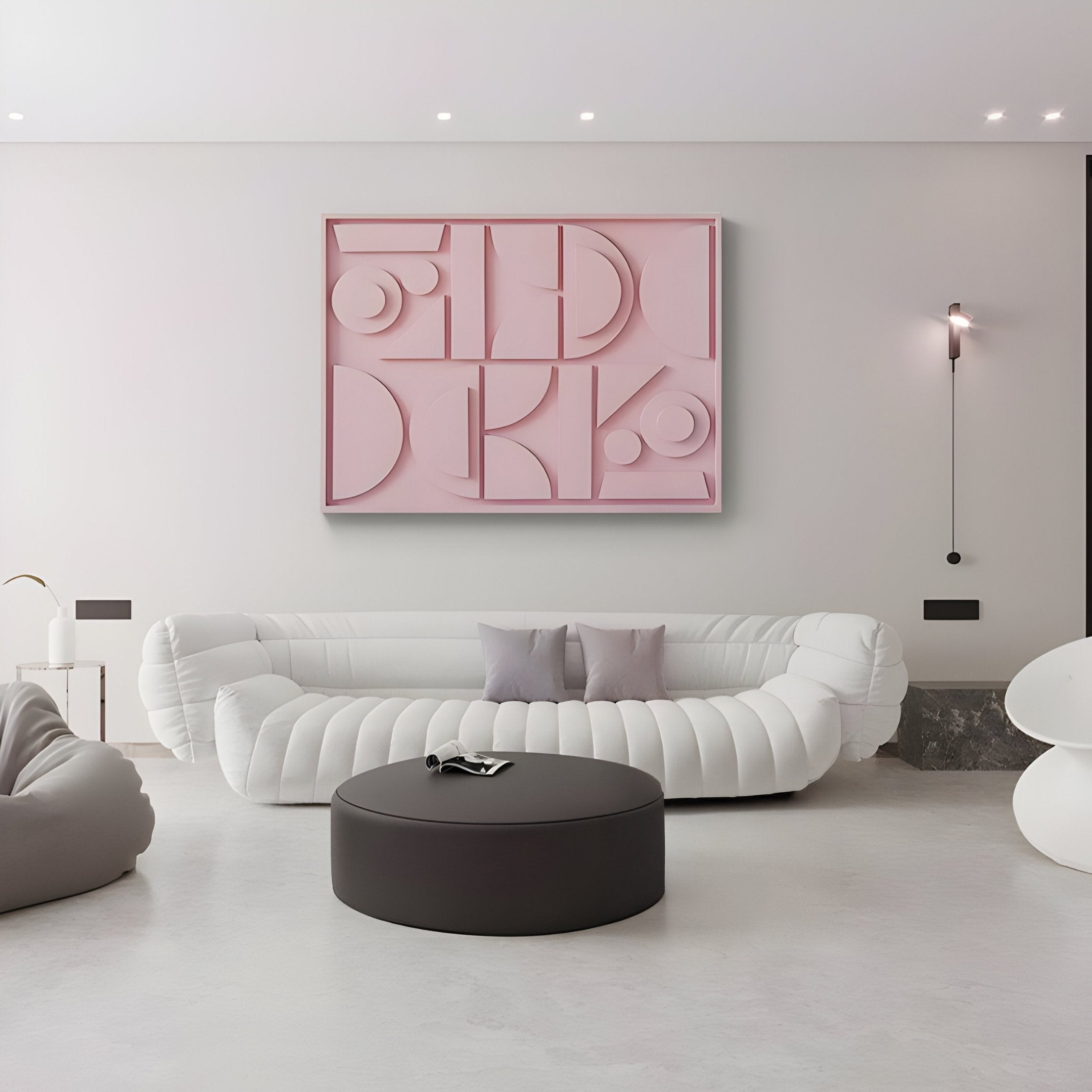 Modern living room featuring a white tufted sofa, round black coffee table, and Giant Sculptures Formate Soft Pink Geometric Wood Painted 3D Wall Art above the sofa. The space boasts minimalist design, neutral tones, and soft lighting for a serene ambiance.