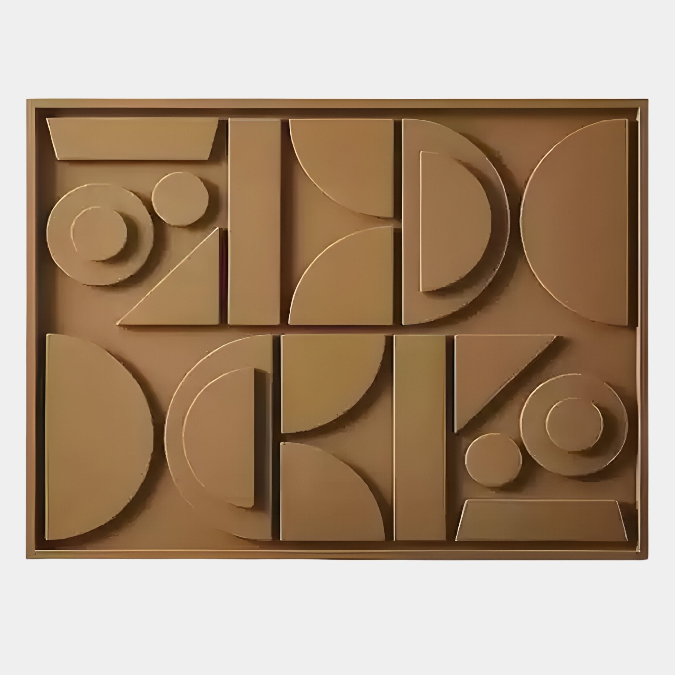 The Formate Golden Bronze Geometric Wood Painted 3D Wall Art by Giant Sculptures features a raised symmetrical design with circles, semicircles, triangles, and rectangles in shades of brown.