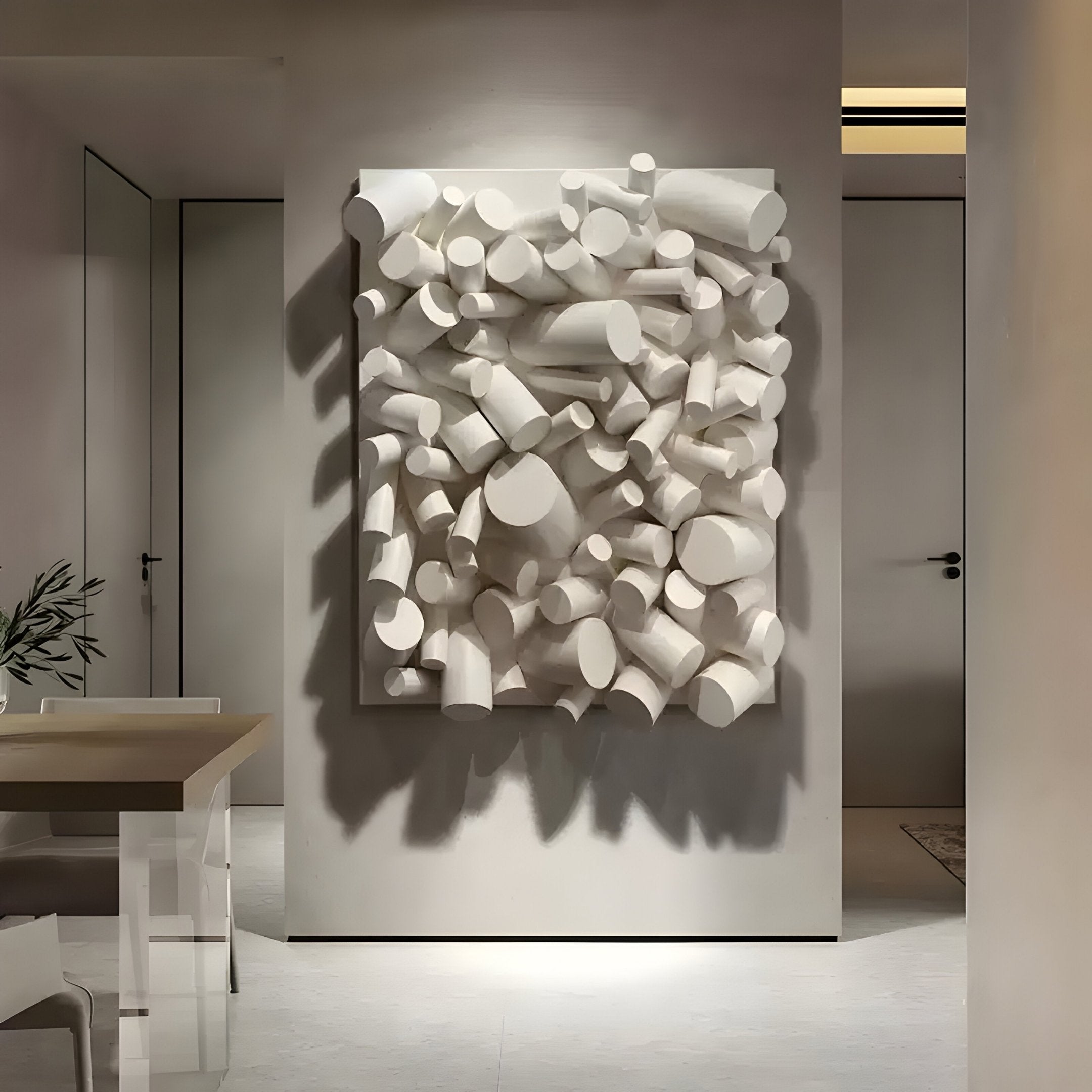 The Forme I Cream Wood Cluster Abstract 3D Wall Art by Giant Sculptures features a modern array of white, irregular cylindrical and geometric forms on a flat surface, embodying Wabi-Sabi aesthetics in minimalist interiors with its embrace of imperfect beauty.