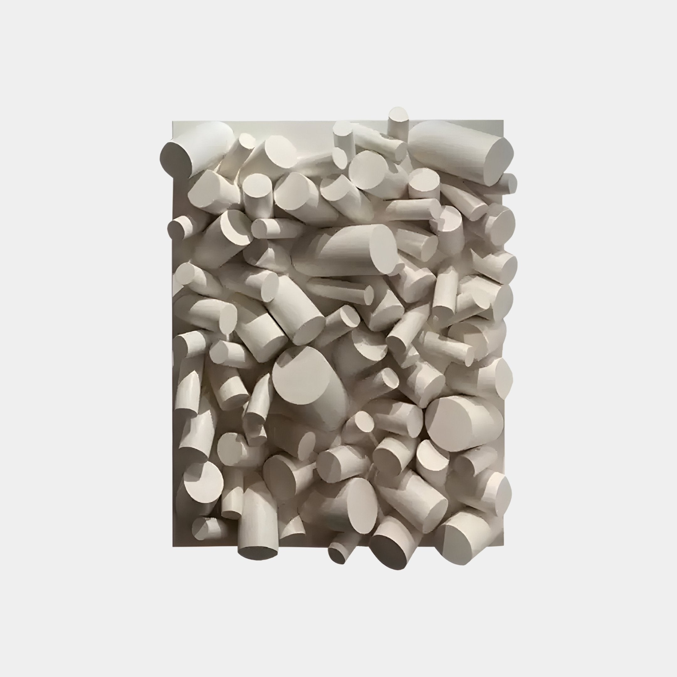 The Forme I Cream Wood Cluster Abstract 3D Wall Art by Giant Sculptures features a serene Wabi-Sabi style with white cylindrical and conical wooden shapes set against a plain background.