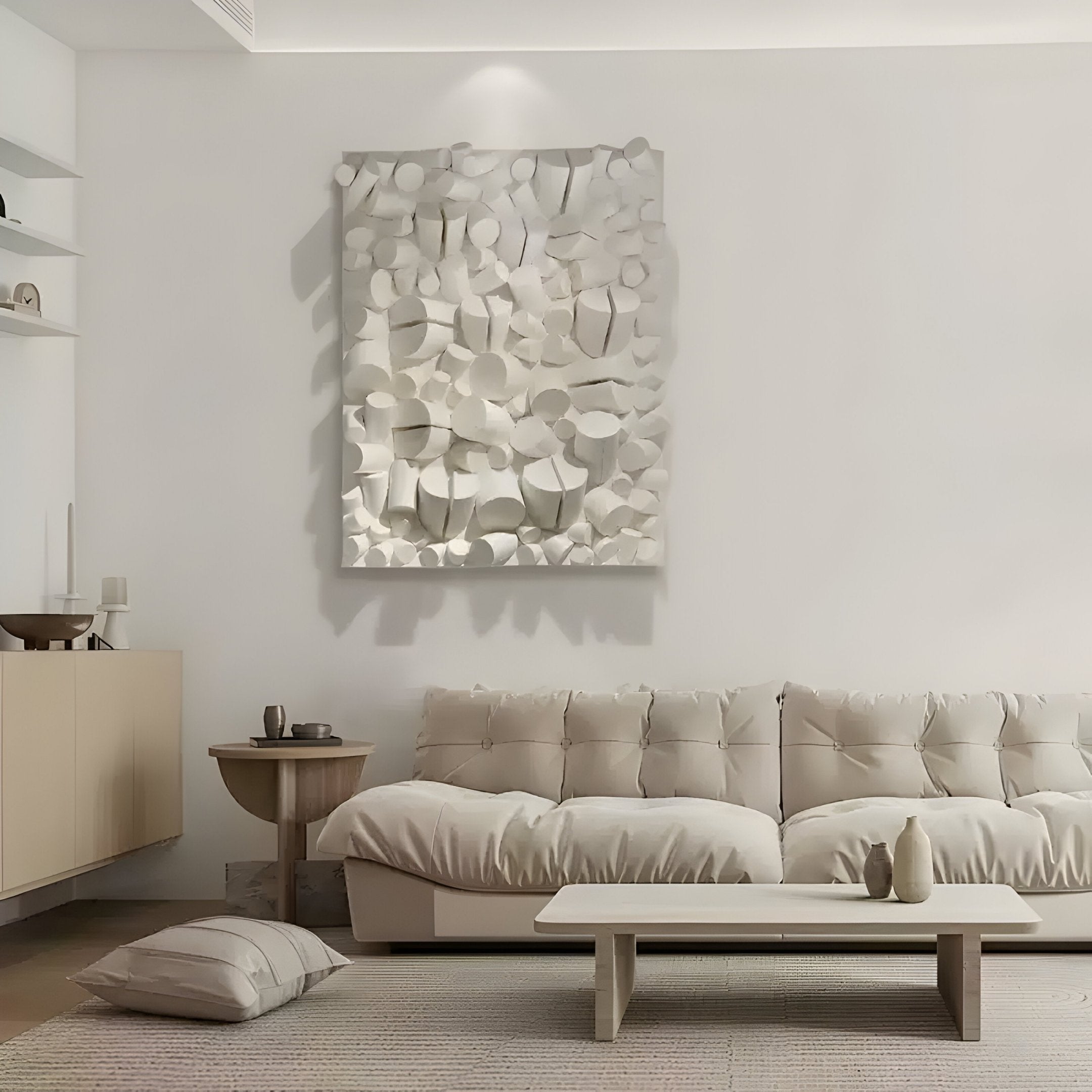 In a minimalist living room, a beige tufted sofa with pillows pairs with a wooden coffee table and small round side table. The serene atmosphere is enhanced by neutral tones and cream wood accents, including the Forme II Cream Wood Cluster Abstract 3D Wall Art by Giant Sculptures above the sofa.