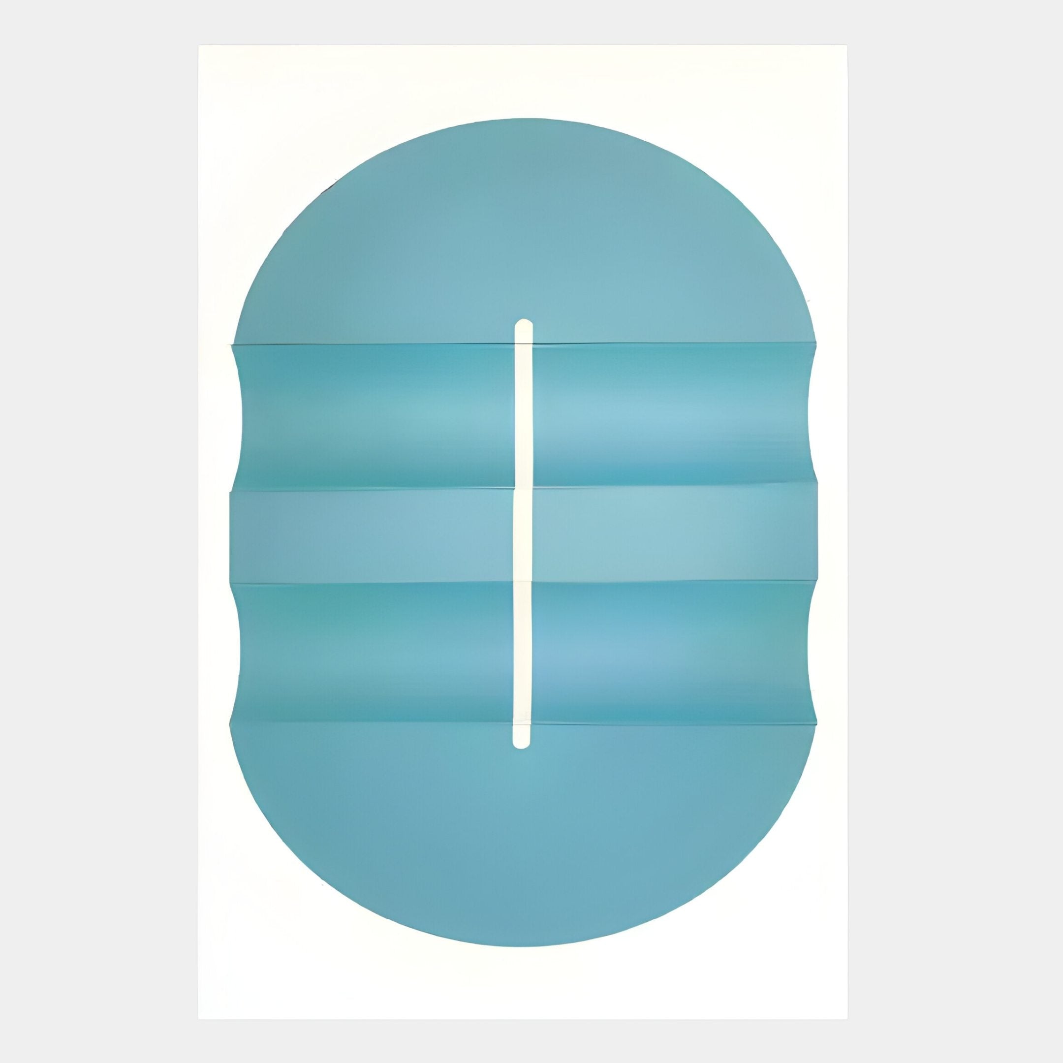 The Ellipse Aqua Oval Wood 3D Canvas Wall Art by Giant Sculptures features abstract aqua tones with a bold blue oval, vertical white line, and subtle folds, creating striking modern decor against a white background.