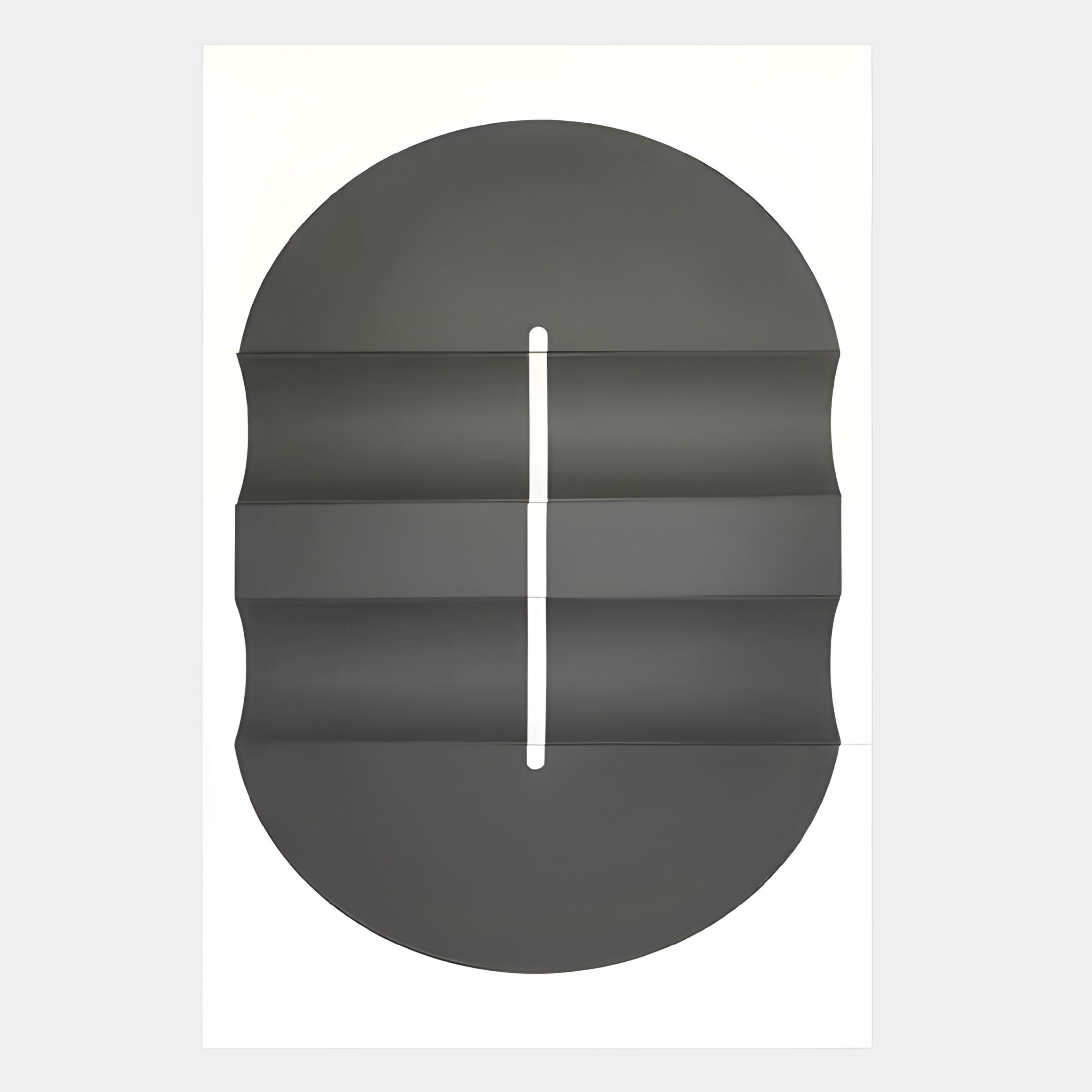 Ellipse Charcoal Oval Wood 3D Canvas Wall Art by Giant Sculptures features wavy edges, four horizontal segments, and a vertical white line set on white—a striking modern piece for contemporary design lovers.