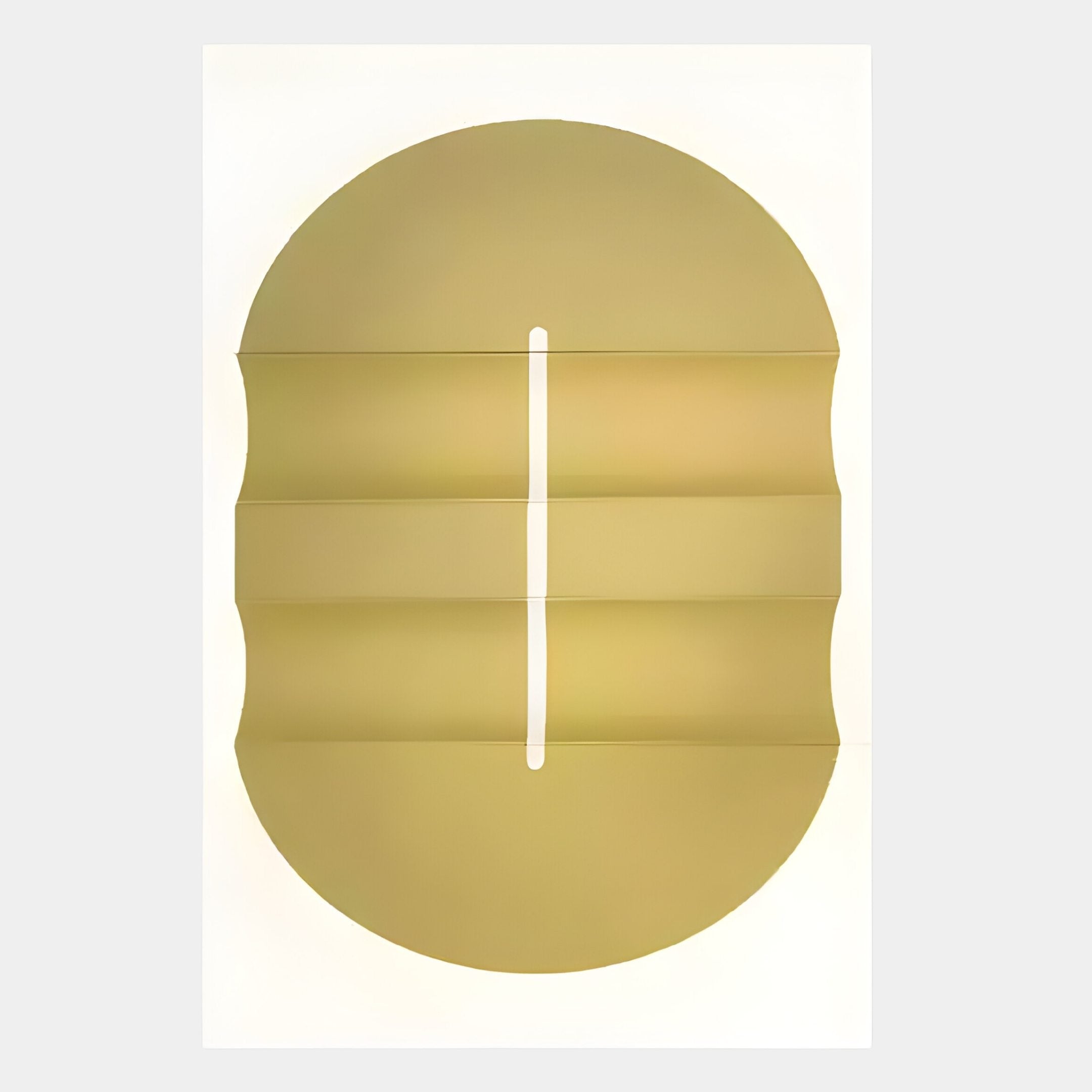 Ellipse Gold Oval Wood 3D Canvas Wall Art by Giant Sculptures features a minimalist tan gold oval with wavy edges on a white background, accented by a vertical white line for striking 3D appeal.