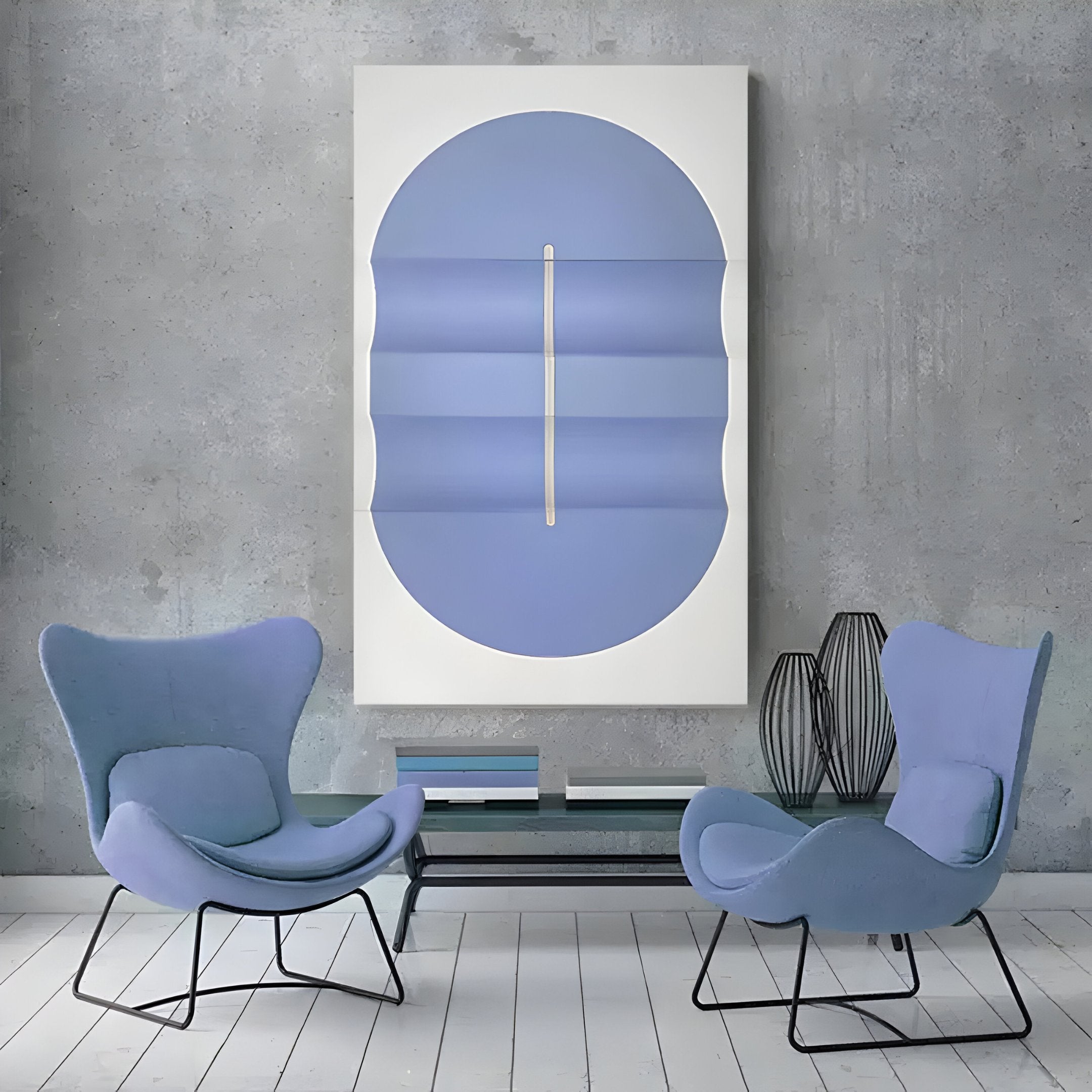 Two modern blue chairs face each other in front of an Ellipse Lavender Oval Wood 3D Canvas Wall Art by Giant Sculptures on a gray textured wall. A glass coffee table with decorative wire sculptures complements the serene ambiance of the white wooden floor between the chairs.