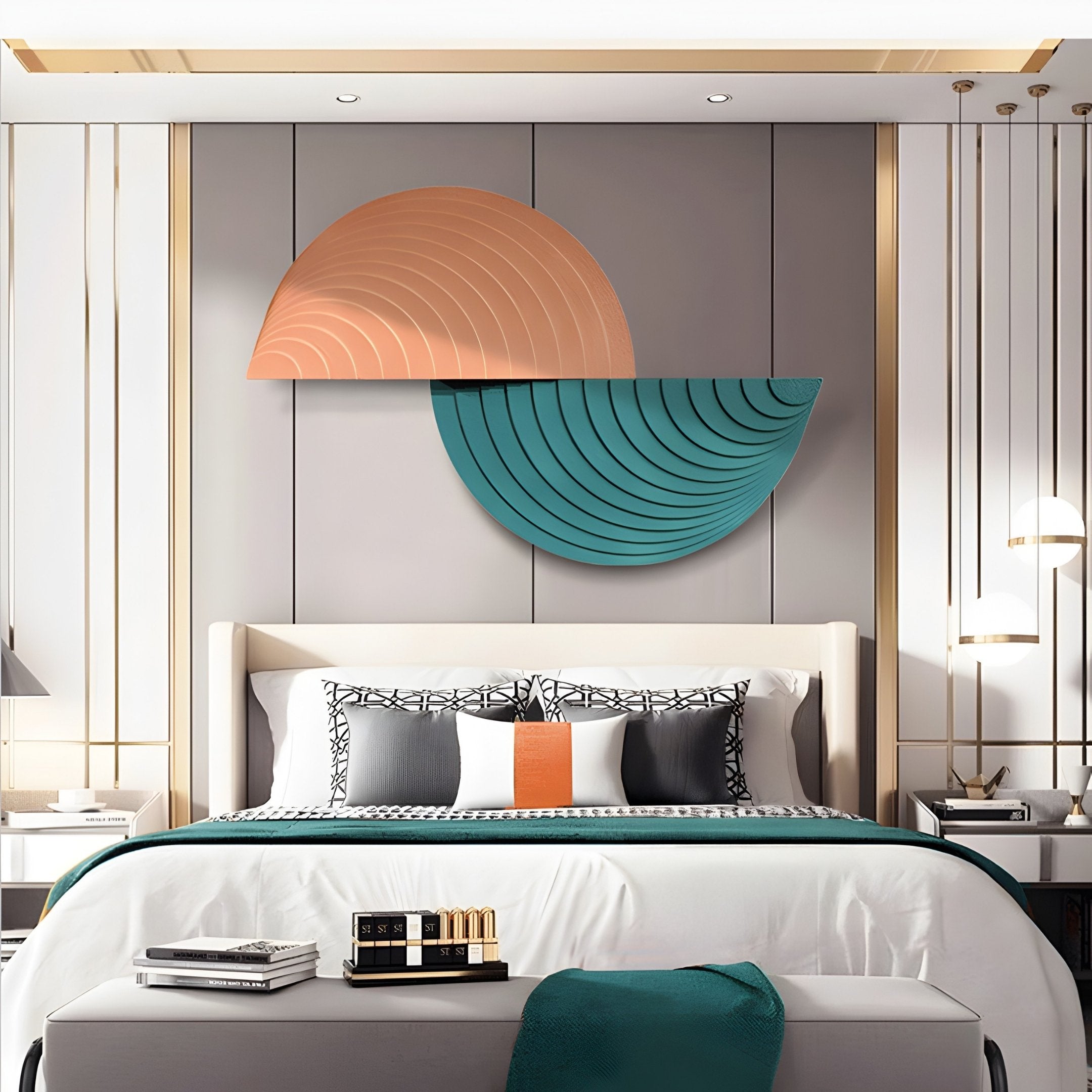 A modern bedroom features a bed with white, black, and teal bedding and is highlighted by the Orbitals Peach & Teal Semi-Circle Wood Carved Sandstone 3D Wall Art by Giant Sculptures. Sleek lamps and decorative books complete the stylish ambiance of contemporary interior design.