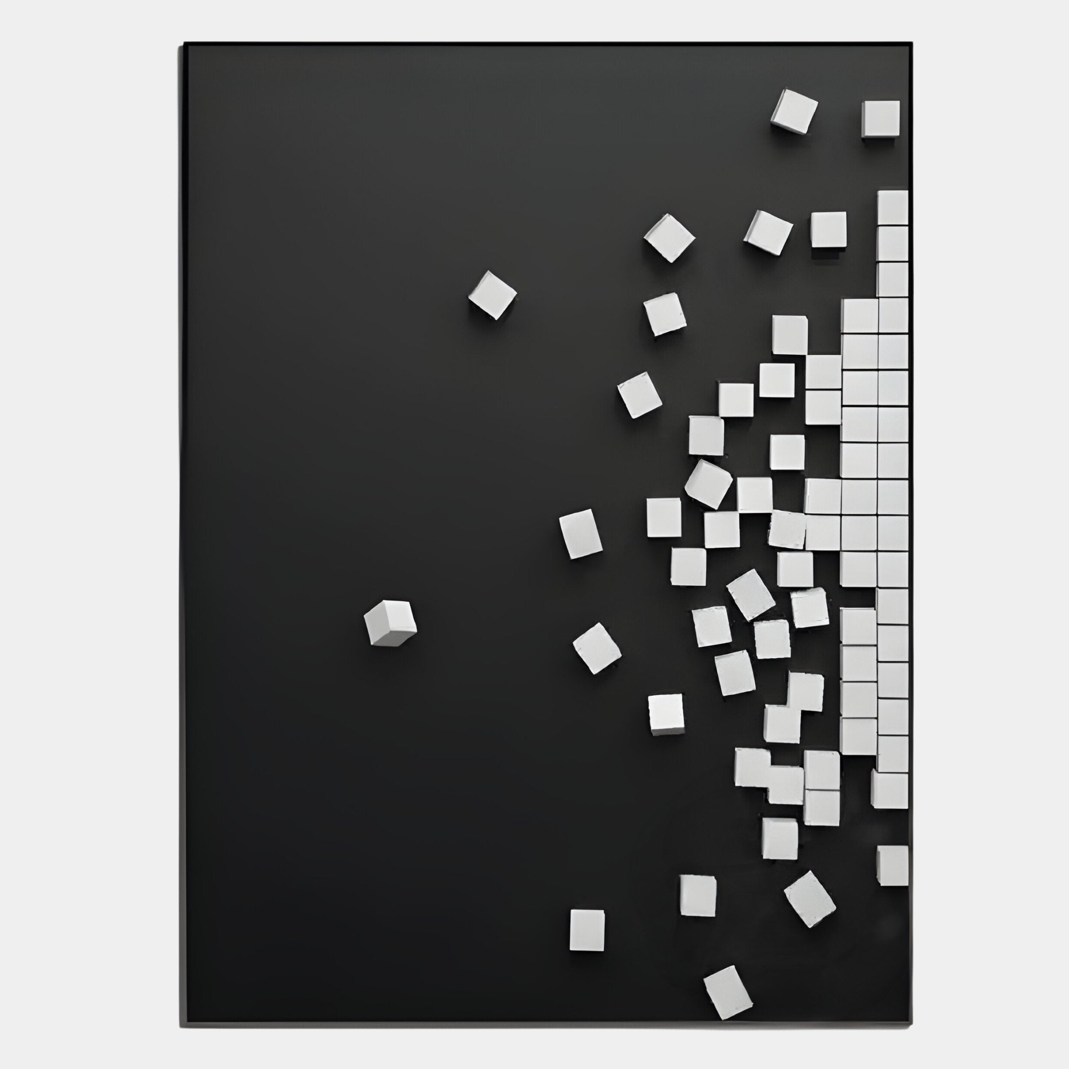 The Fragmenta White Wooden Cube Scatter On Black Canvas 3D Wall Art by Giant Sculptures features small white cubes in a grid on a black surface, with others scattered left, creating an elegant minimalist piece for modern interiors.